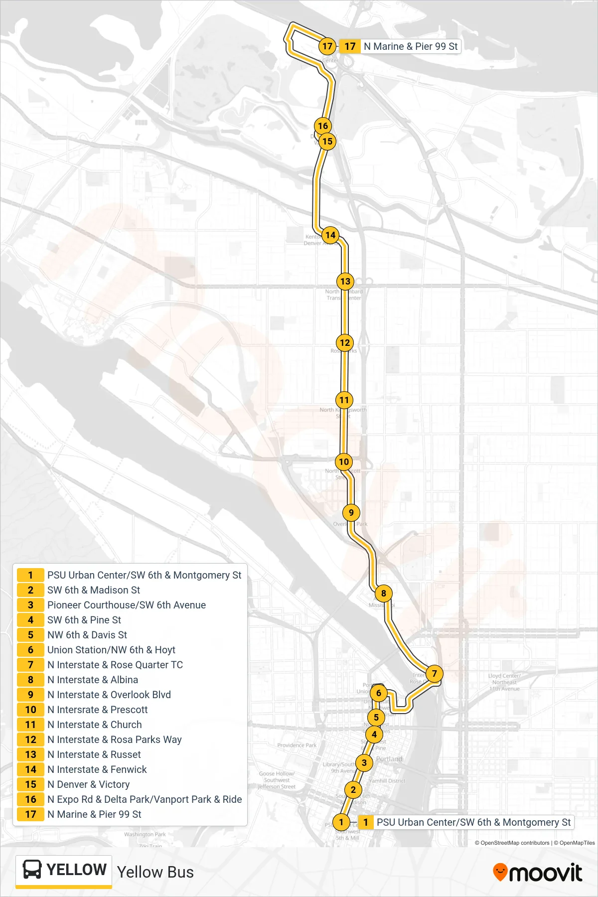 YELLOW bus Line (N Marine & Pier 99 St) route and stops on a map