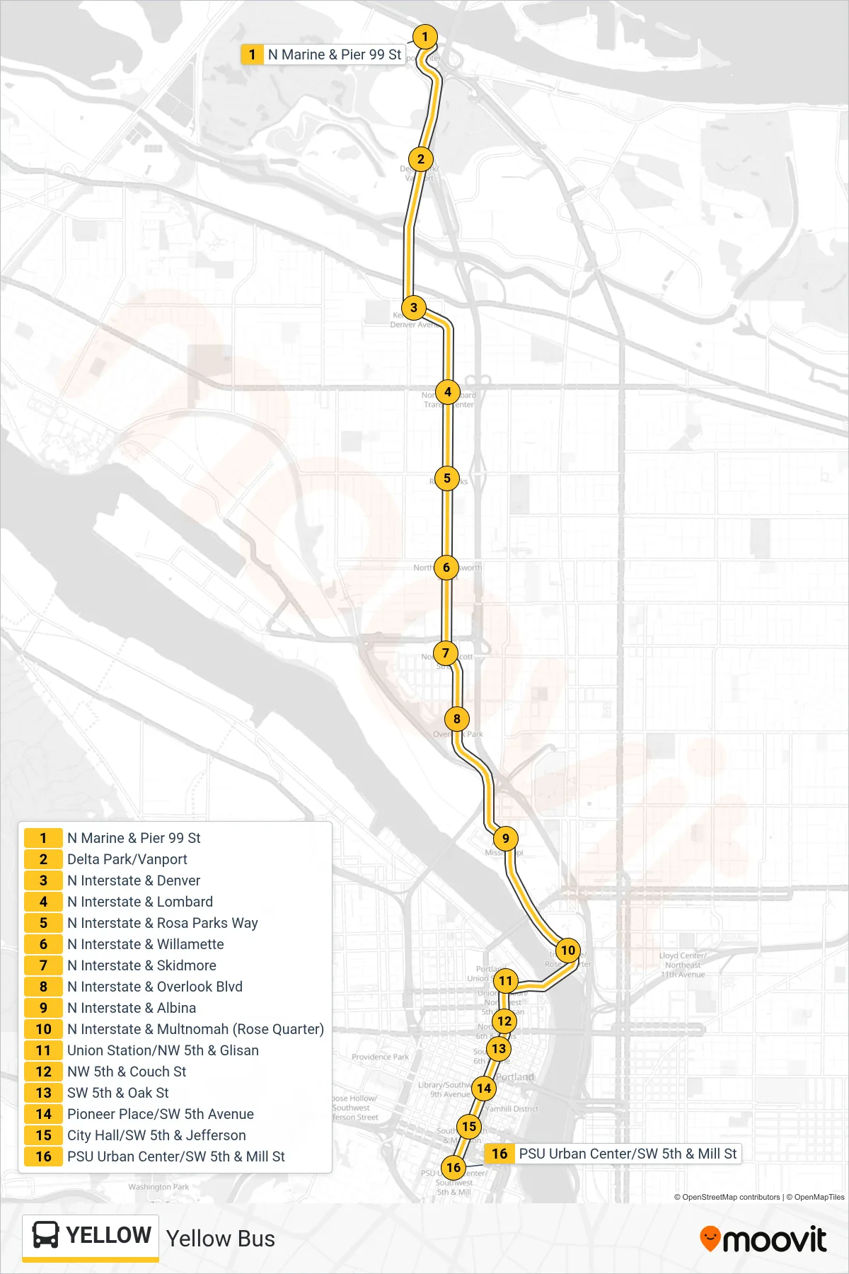 YELLOW bus Line (PSU Urban Center/SW 5th & Mill Max Station) route and stops on a map