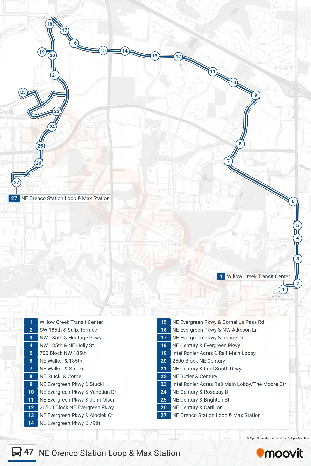 47 bus Line (NE Orenco Station Loop & Max Station) route and stops on a map