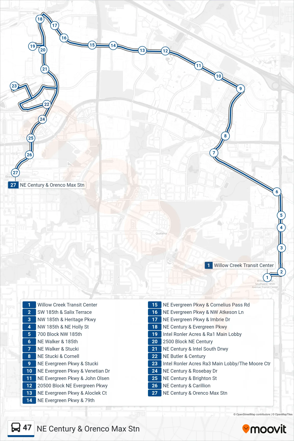 47 bus Line (NE Century & Orenco Max Stn) route and stops on a map