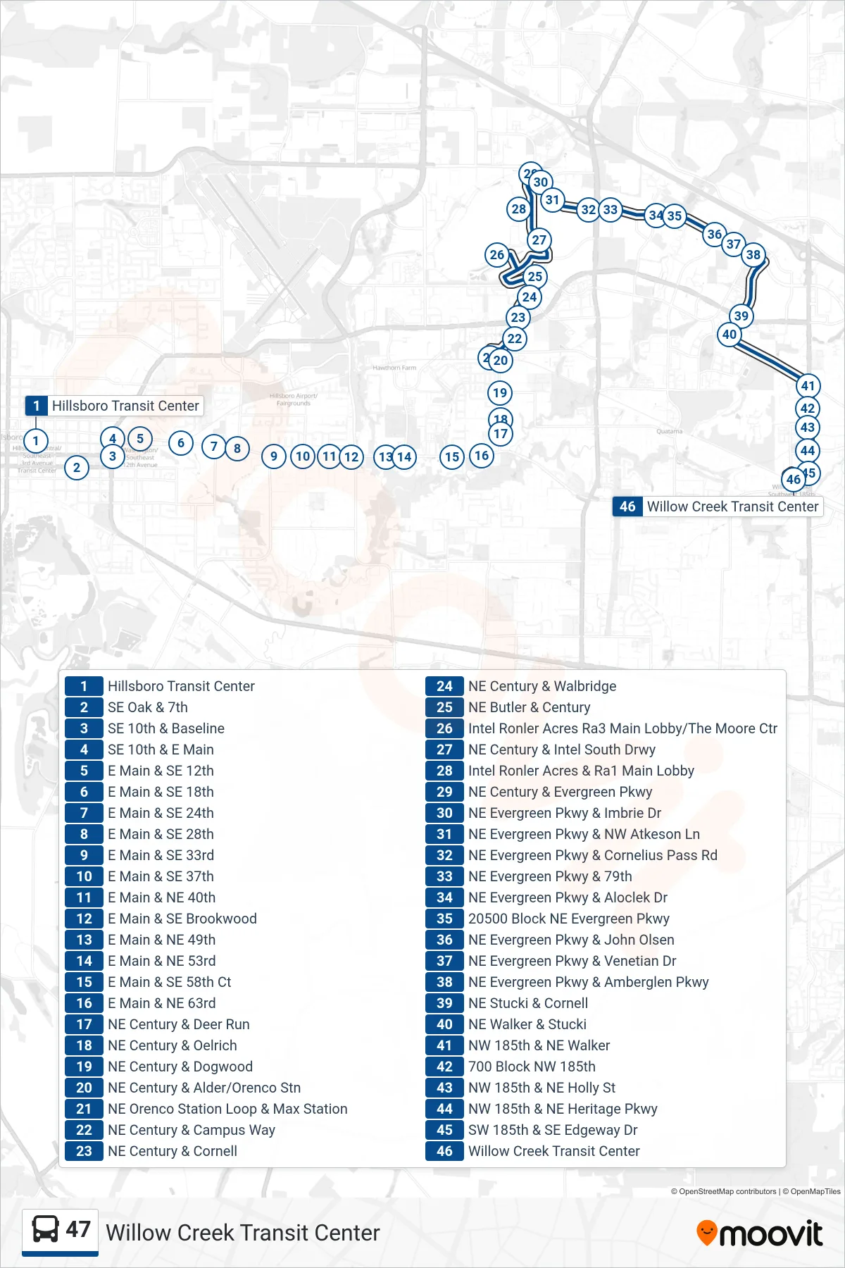 47 bus Line (Willow Creek Transit Center) route and stops on a map