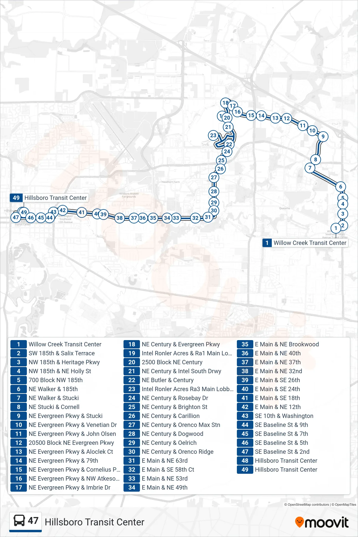 47 bus Line (Hillsboro Transit Center) route and stops on a map