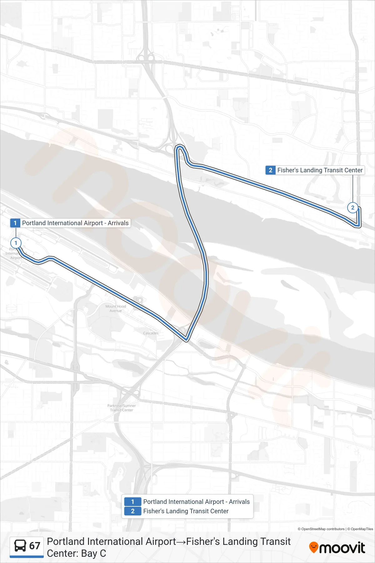 67 bus Line (Portland International Airport→Fisher's Landing Transit Center: Bay C) route and stops on a map