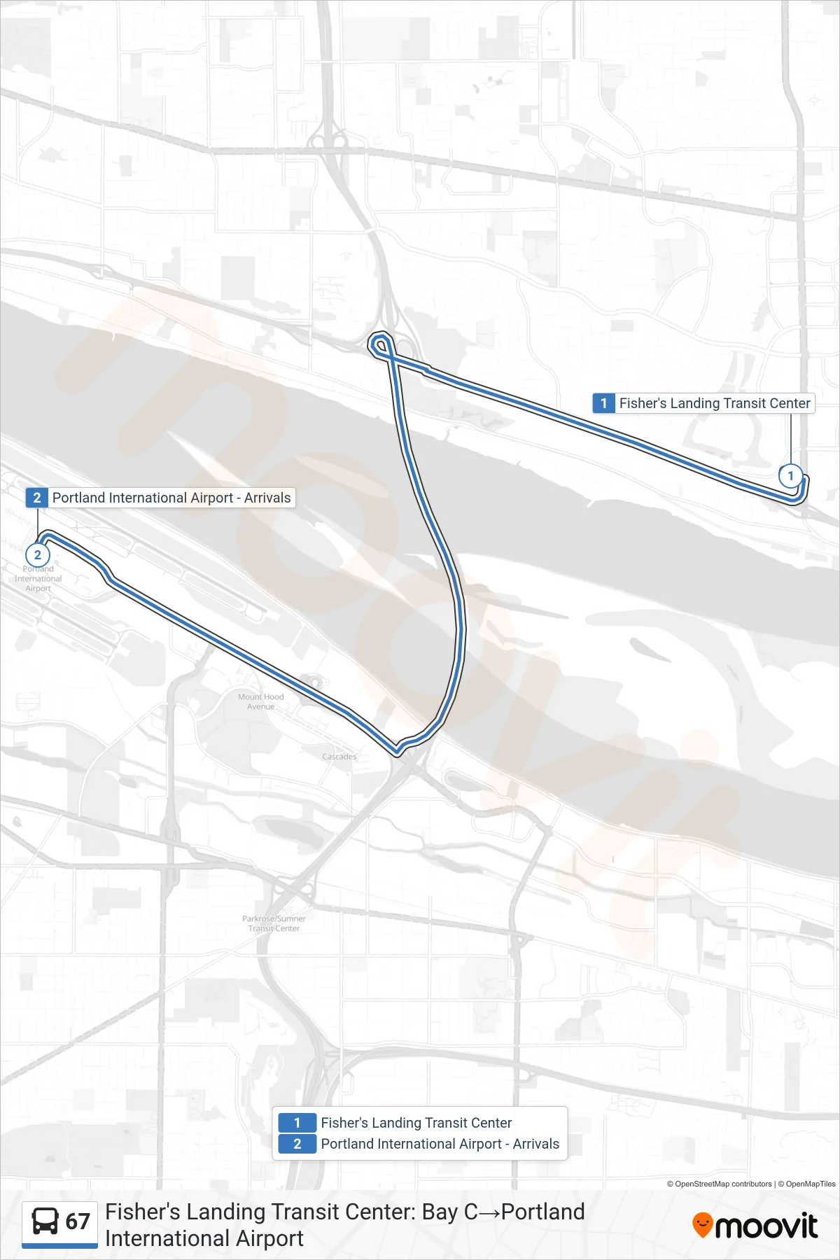 67 bus Line (Fisher's Landing Transit Center: Bay C→Portland International Airport) route and stops on a map
