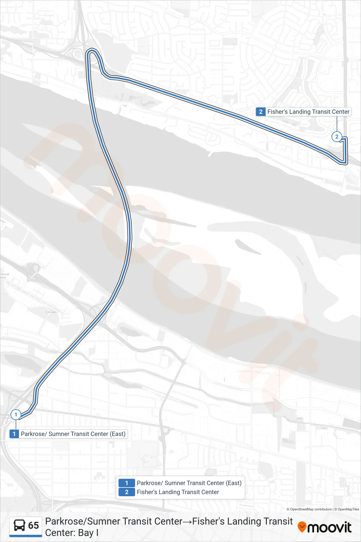 65 bus Line (Parkrose/Sumner Transit Center→Fisher's Landing Transit Center: Bay I) route and stops on a map