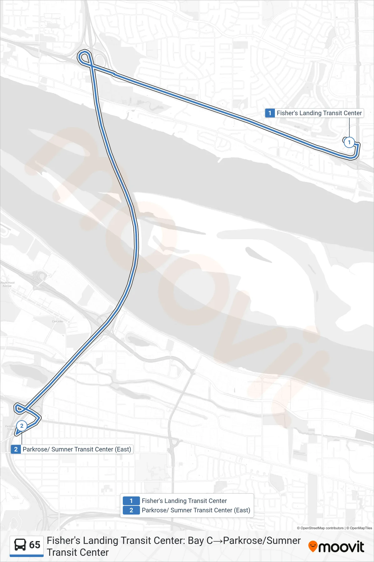65 bus Line (Fisher's Landing Transit Center: Bay C→Parkrose/Sumner Transit Center) route and stops on a map