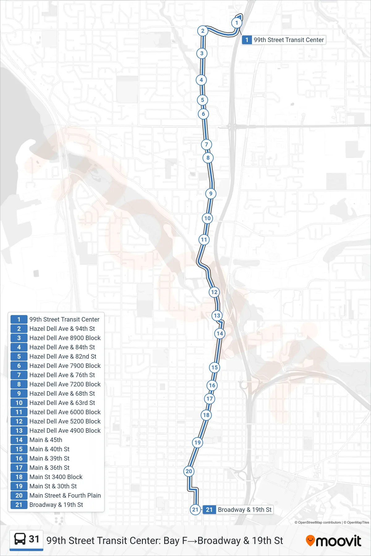 31 bus Line (99th Street Transit Center: Bay F→Broadway & 19th St) route and stops on a map