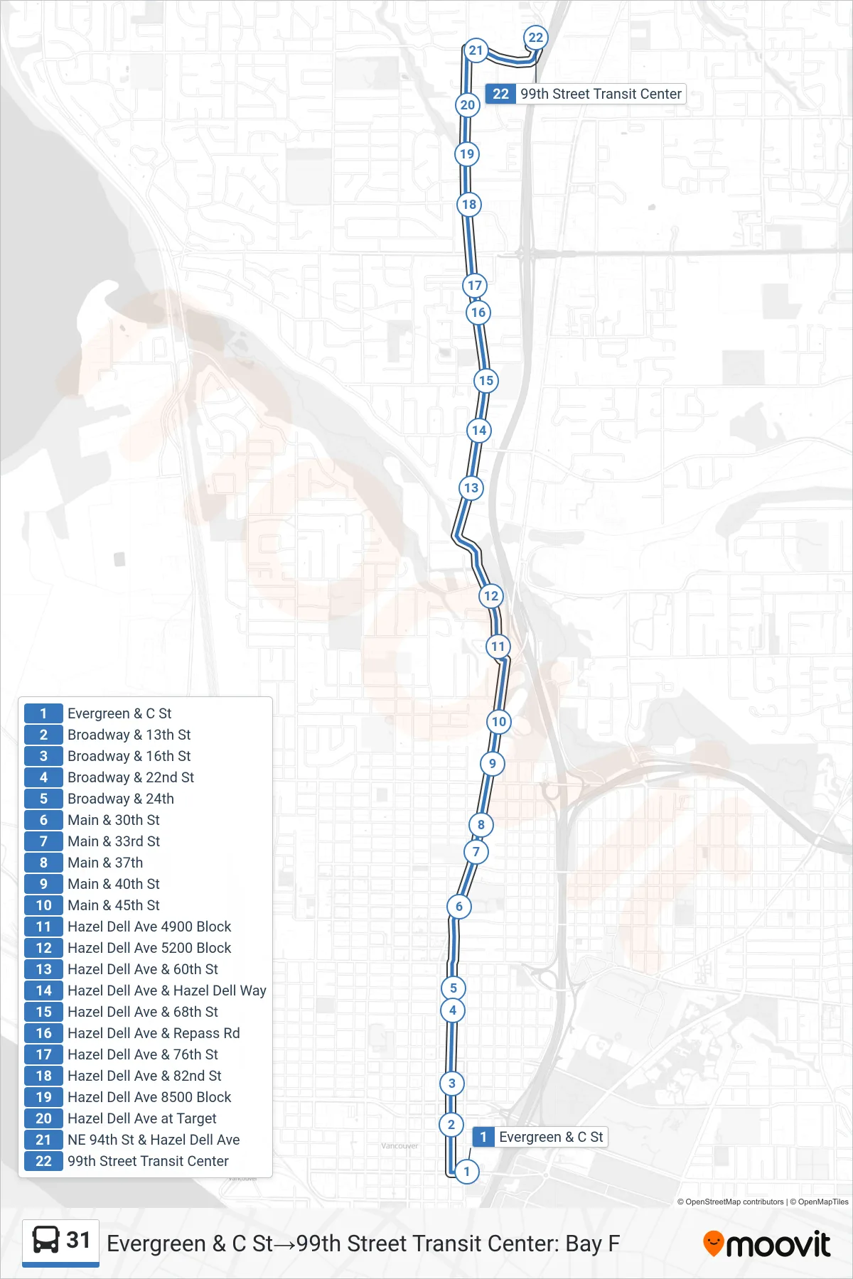31 bus Line (Evergreen & C St‎→99th Street Transit Center: Bay F) route and stops on a map