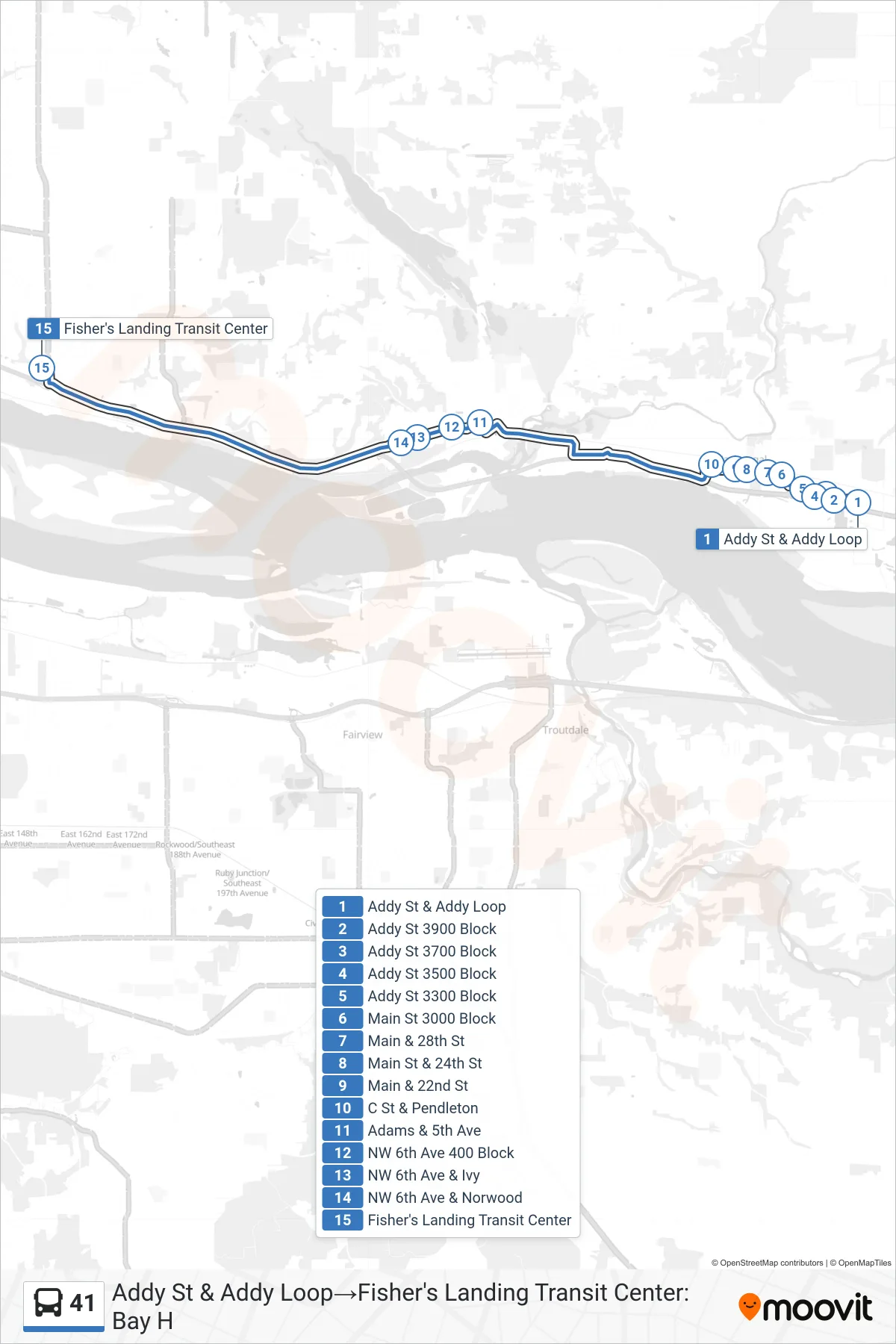 41 bus Line (Addy St & Addy Loop→Fisher's Landing Transit Center: Bay H) route and stops on a map
