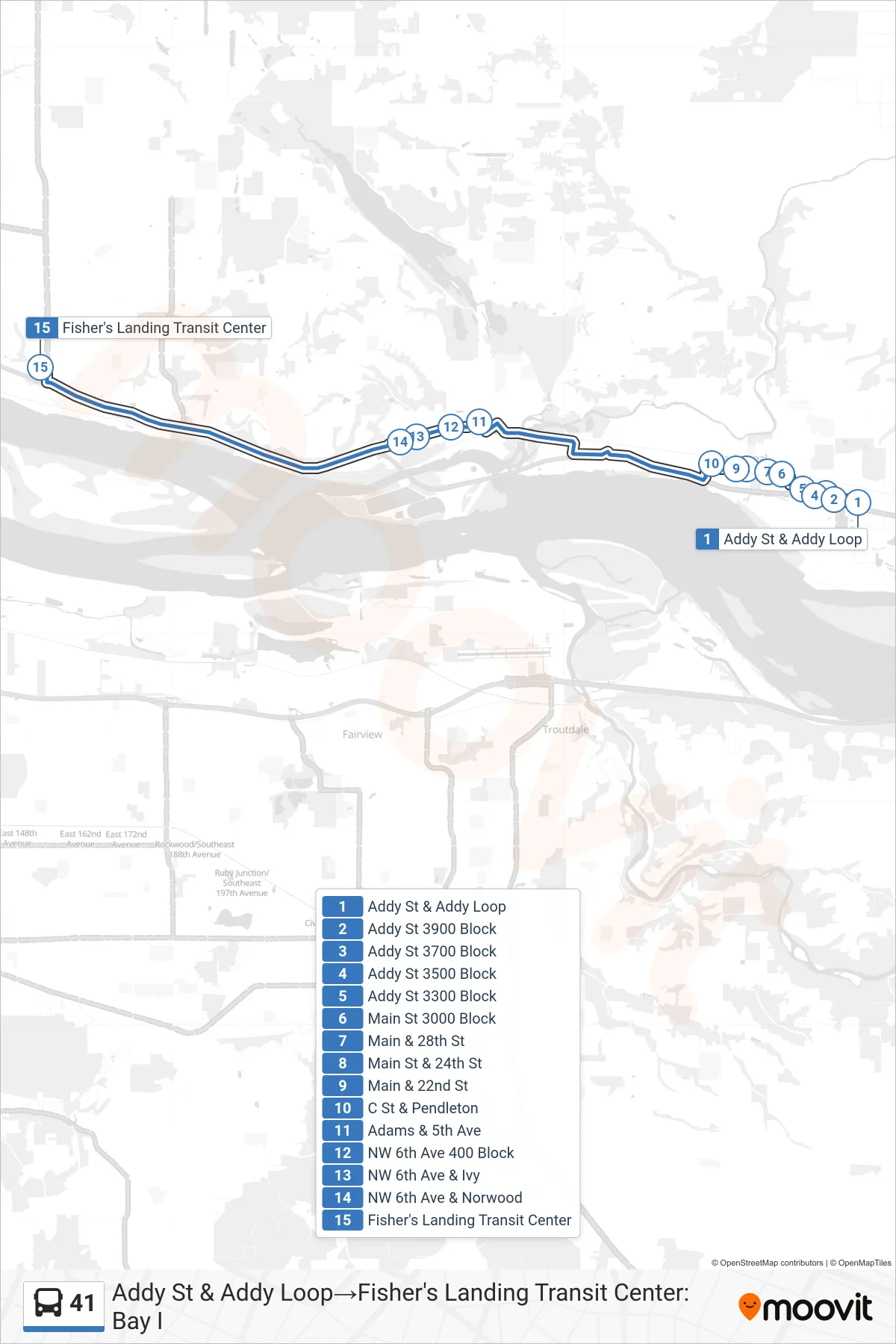 41 bus Line (Addy St & Addy Loop‎→Fisher's Landing Transit Center: Bay I) route and stops on a map