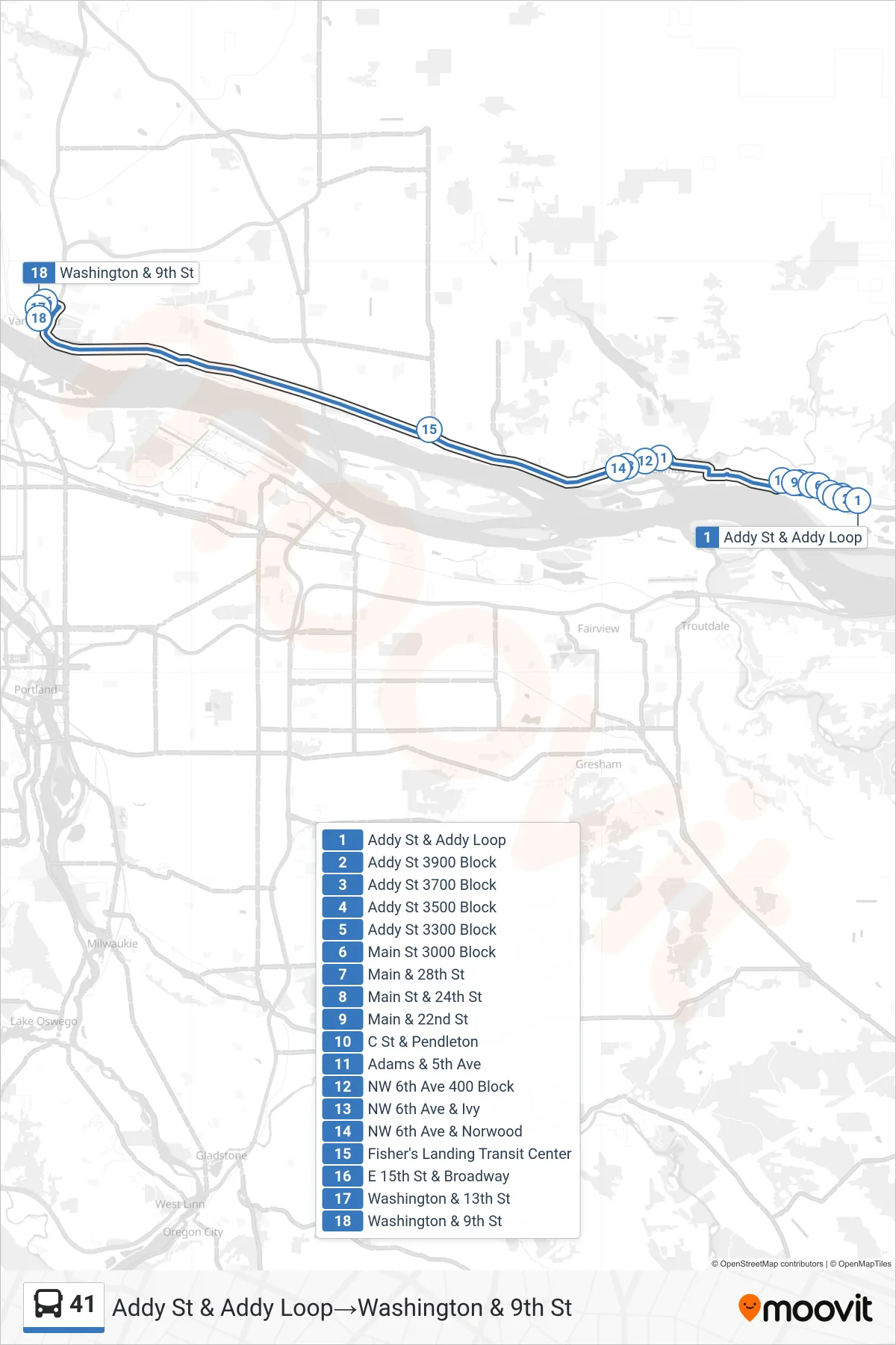 41 bus Line (Addy St & Addy Loop→Washington & 9th St) route and stops on a map