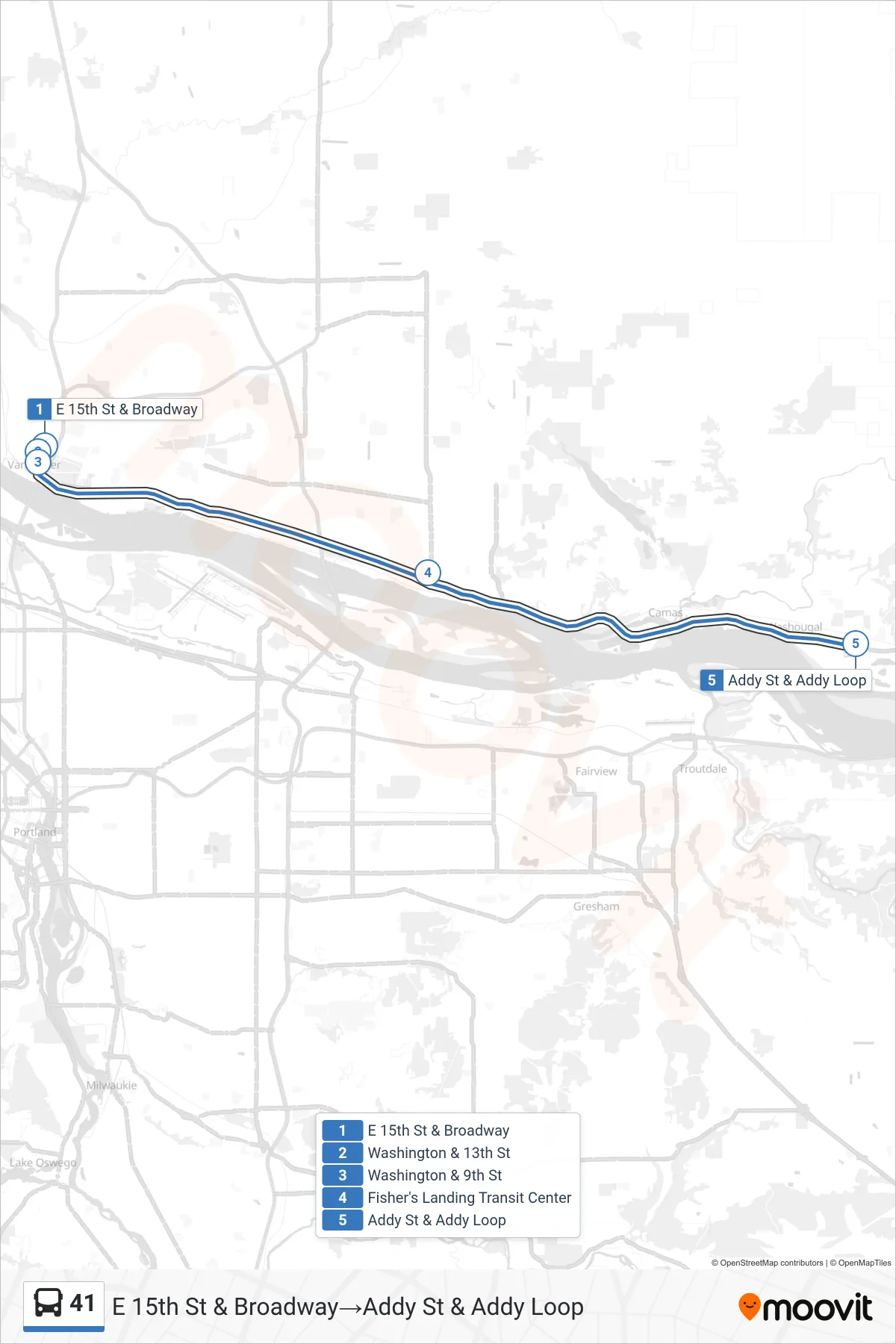 41 bus Line (E 15th St & Broadway→Addy St & Addy Loop) route and stops on a map