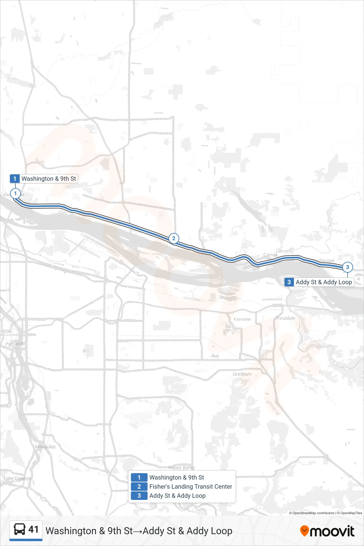 41 bus Line (Washington & 9th St‎→Addy St & Addy Loop) route and stops on a map