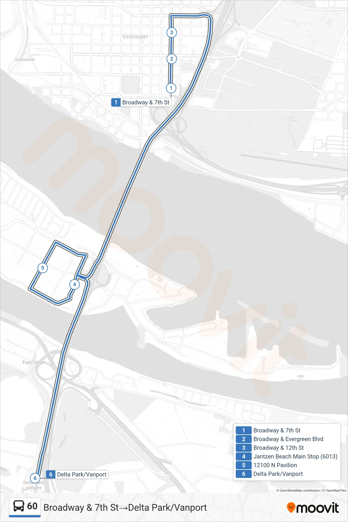 60 bus Line (Broadway & 7th St→Delta Park/Vanport) route and stops on a map