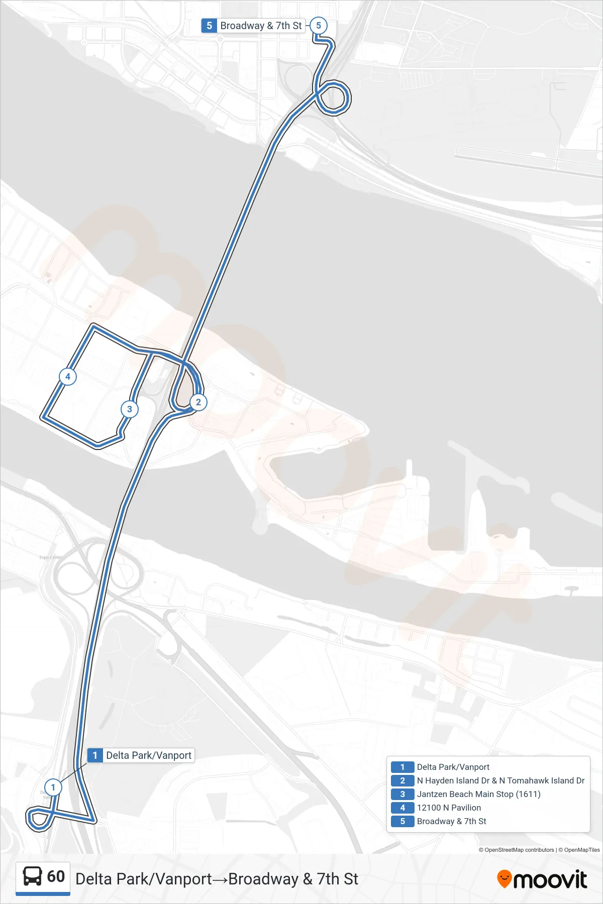 60 bus Line (Delta Park/Vanport→Broadway & 7th St) route and stops on a map