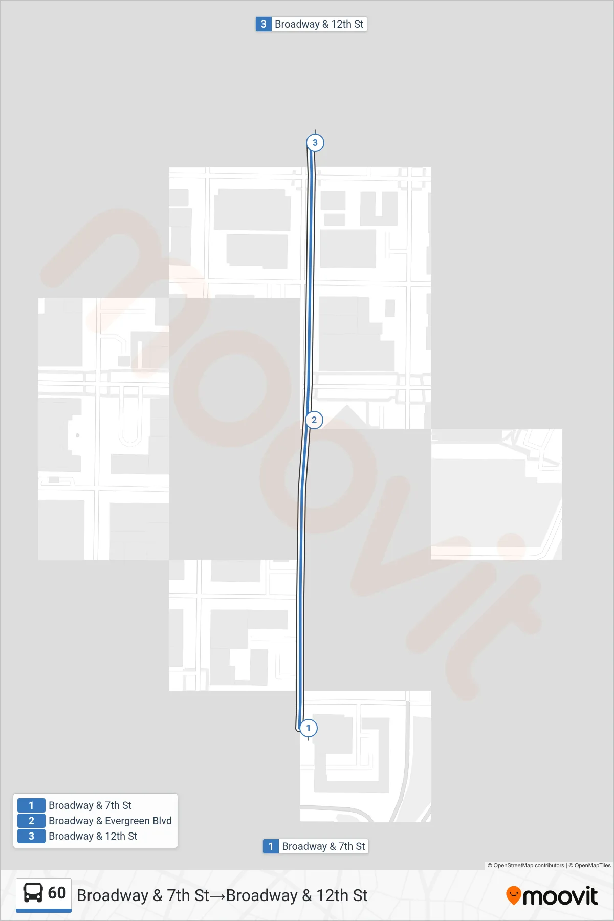 60 bus Line (Broadway & 7th St→Broadway & 12th St) route and stops on a map