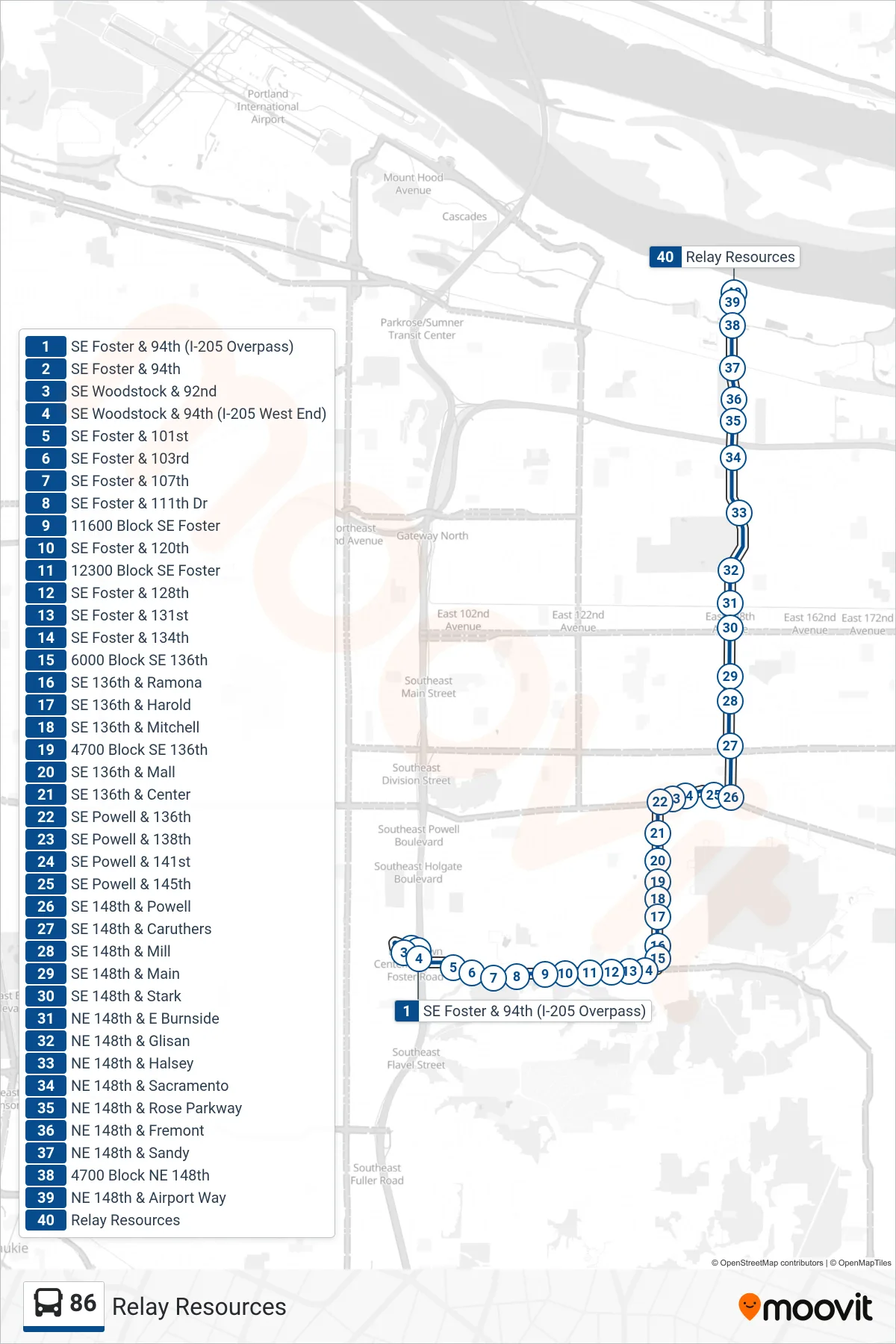 86 bus Line (Relay Resources) route and stops on a map