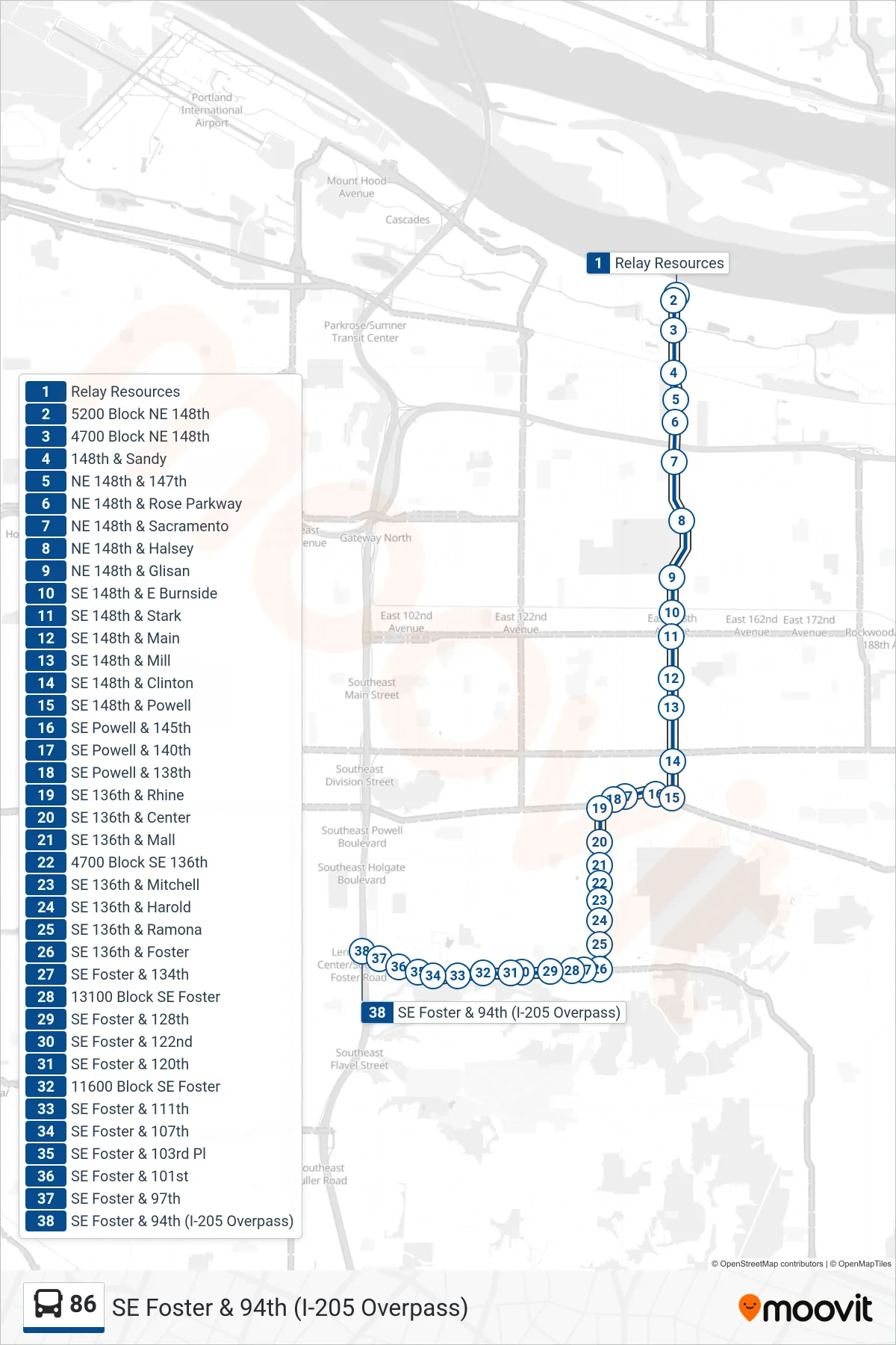 86 bus Line (SE Foster & 94th (I-205 Overpass)) route and stops on a map