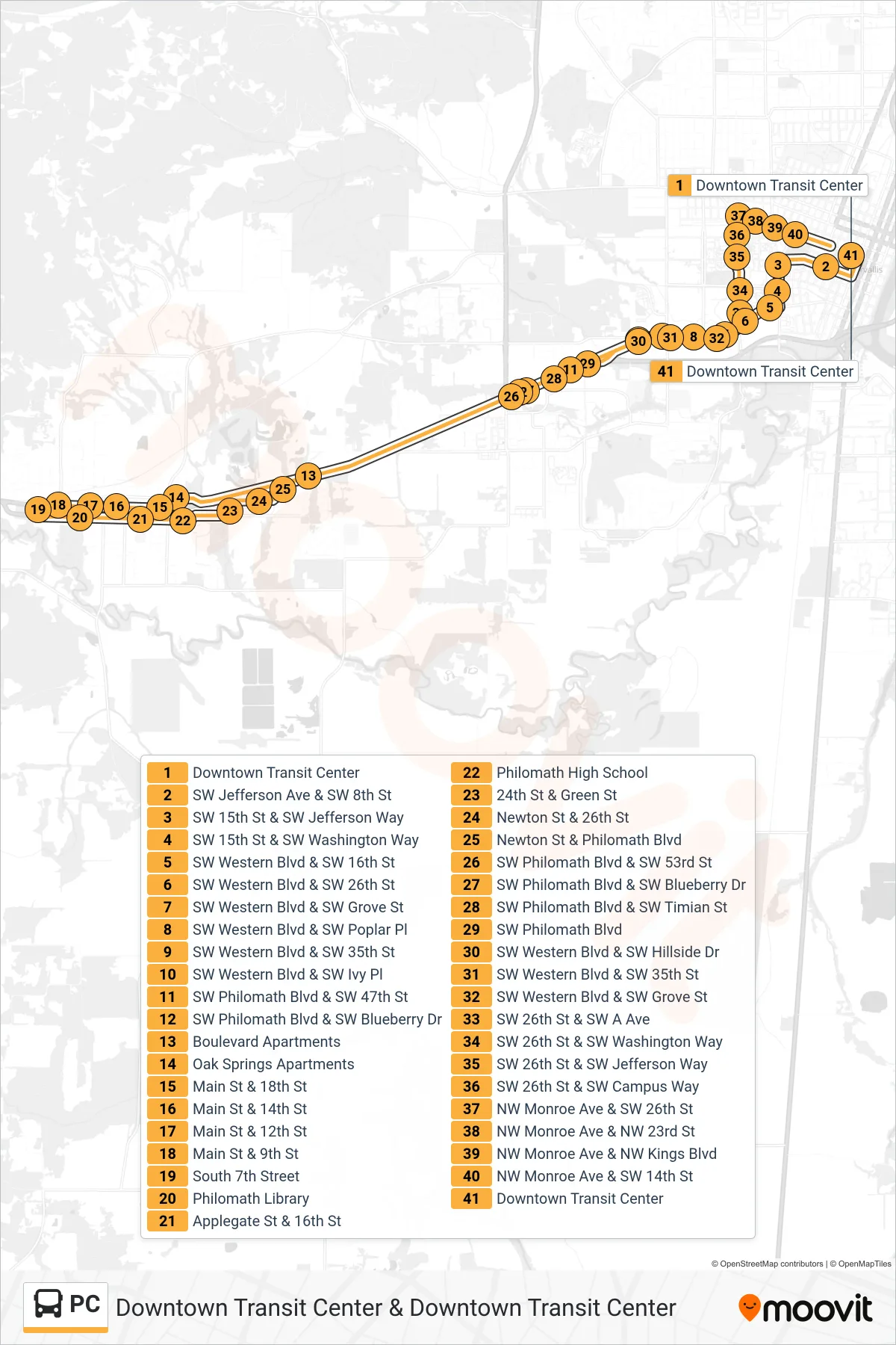 PC bus Line (Downtown Transit Center & Downtown Transit Center) route and stops on a map