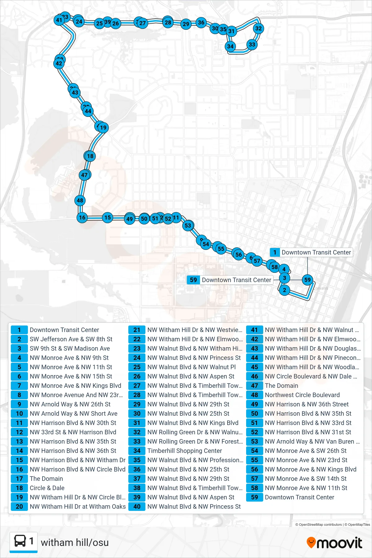 1 bus Line (Downtown Transit Center) route and stops on a map