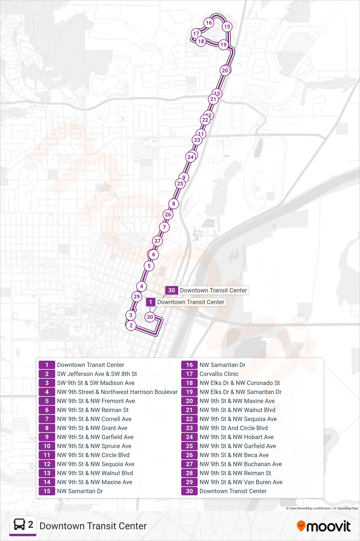 2 bus Line (Downtown Transit Center) route and stops on a map