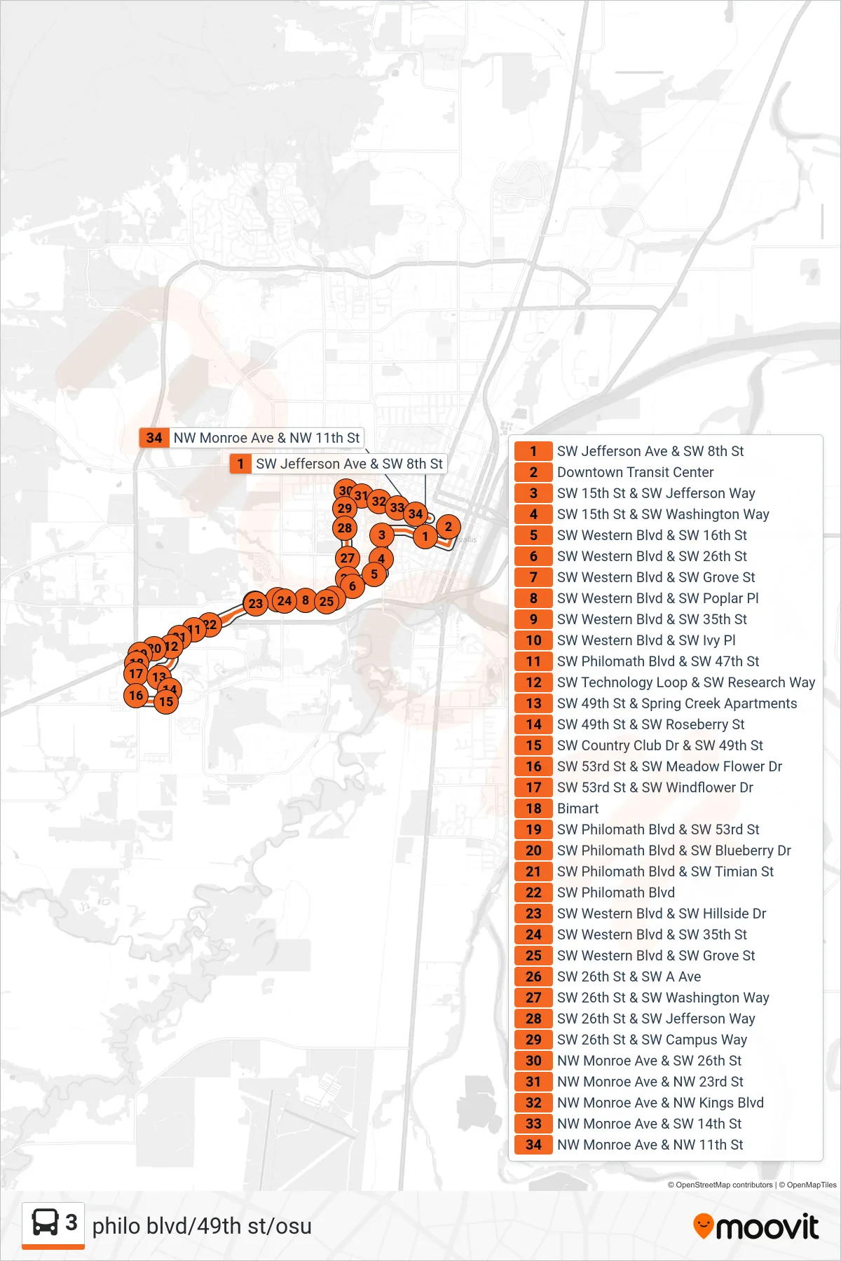 3 bus Line (Downtown Transit Center) route and stops on a map