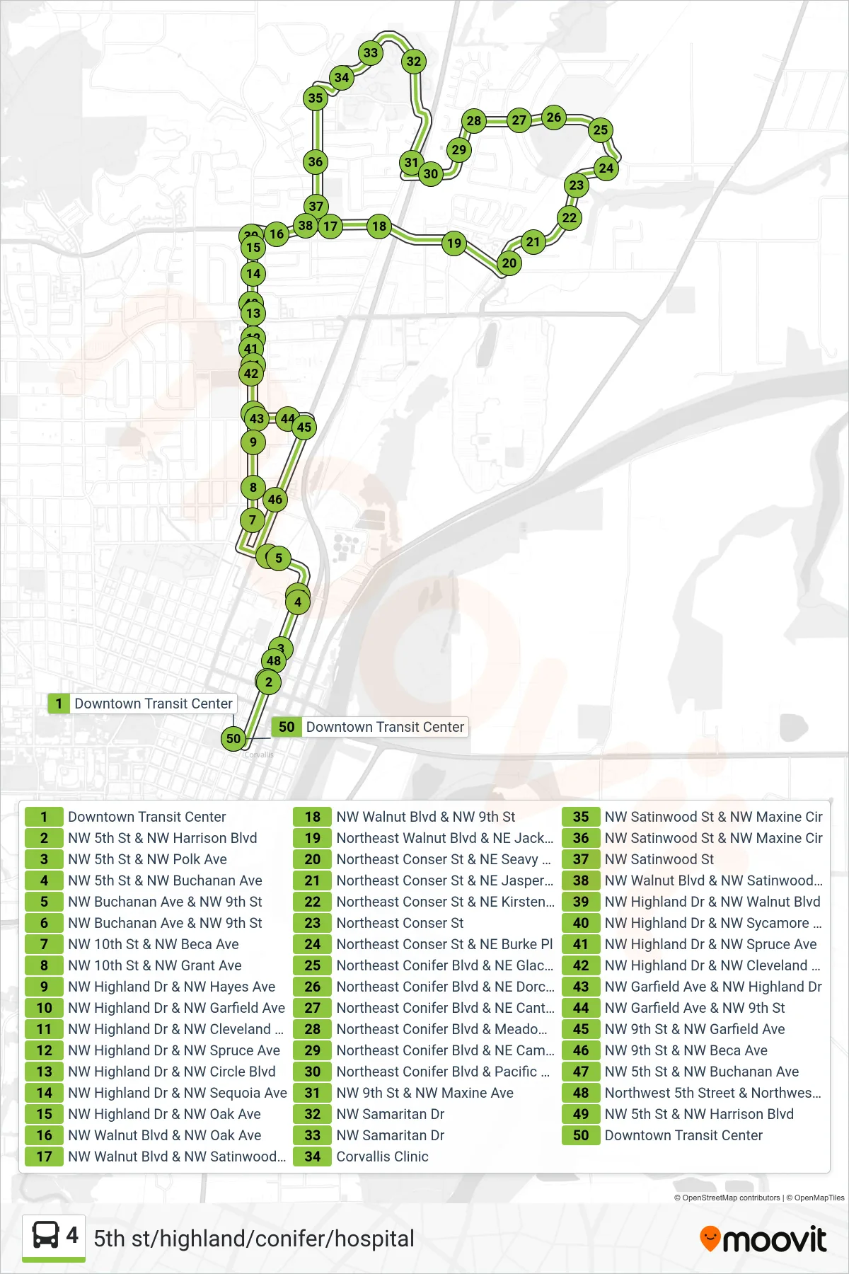 4 bus Line (Downtown Transit Center) route and stops on a map