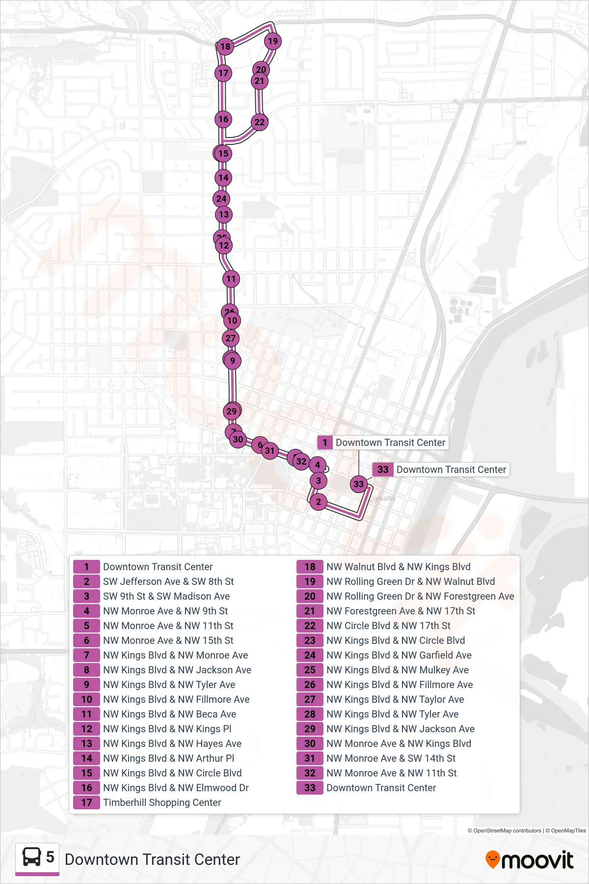 5 bus Line (Downtown Transit Center) route and stops on a map