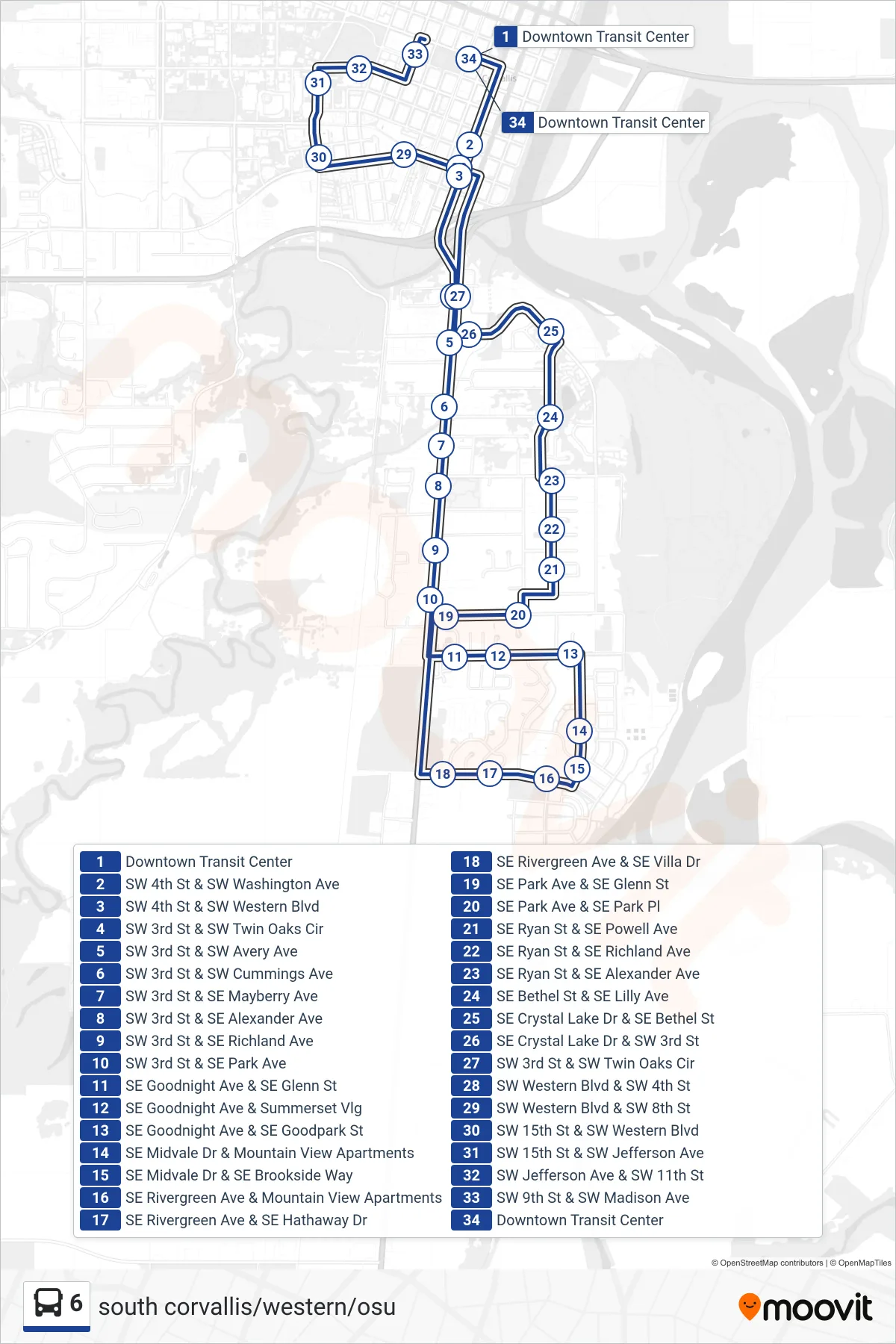 6 bus Line (Downtown Transit Center) route and stops on a map