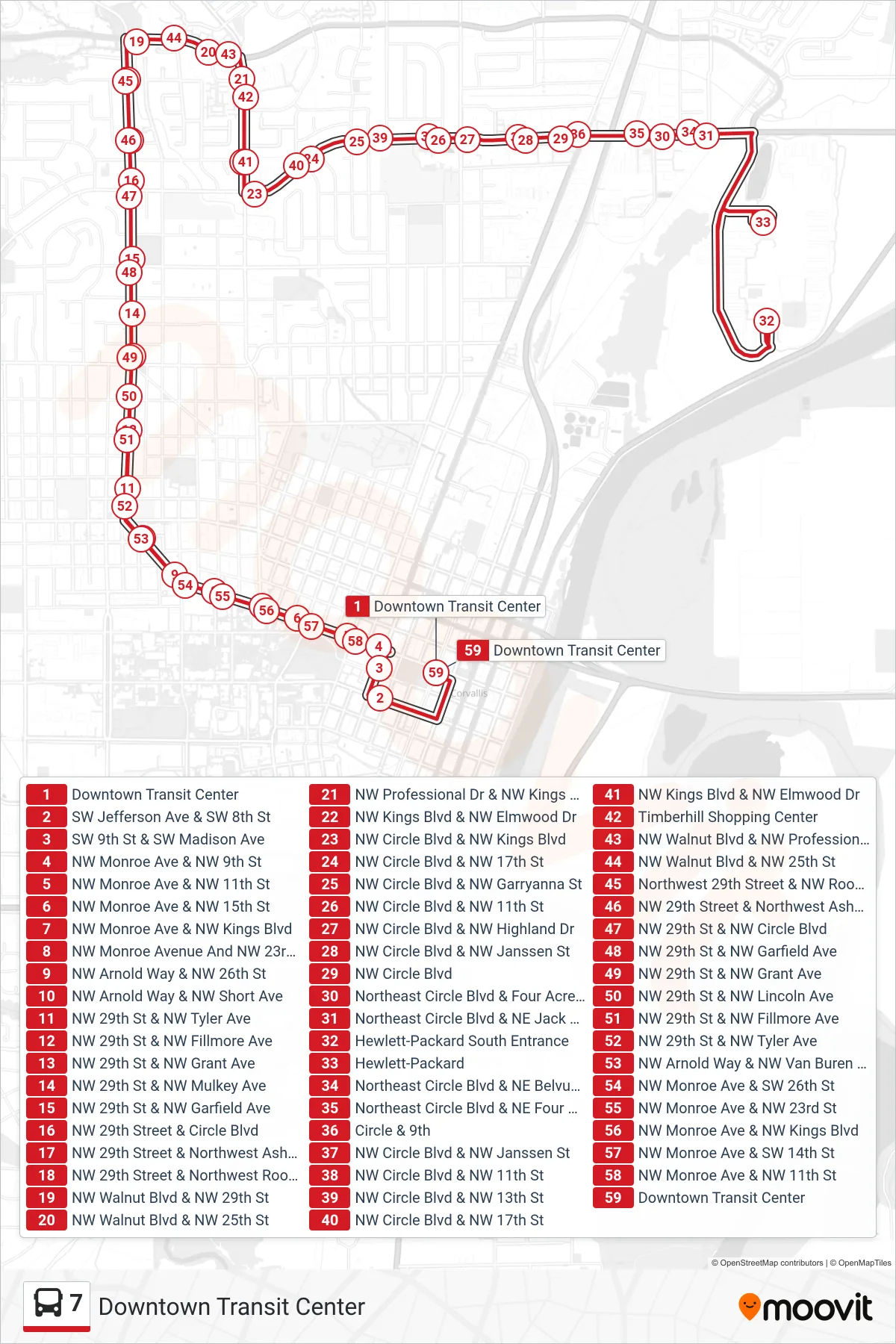 7 bus Line (Downtown Transit Center) route and stops on a map
