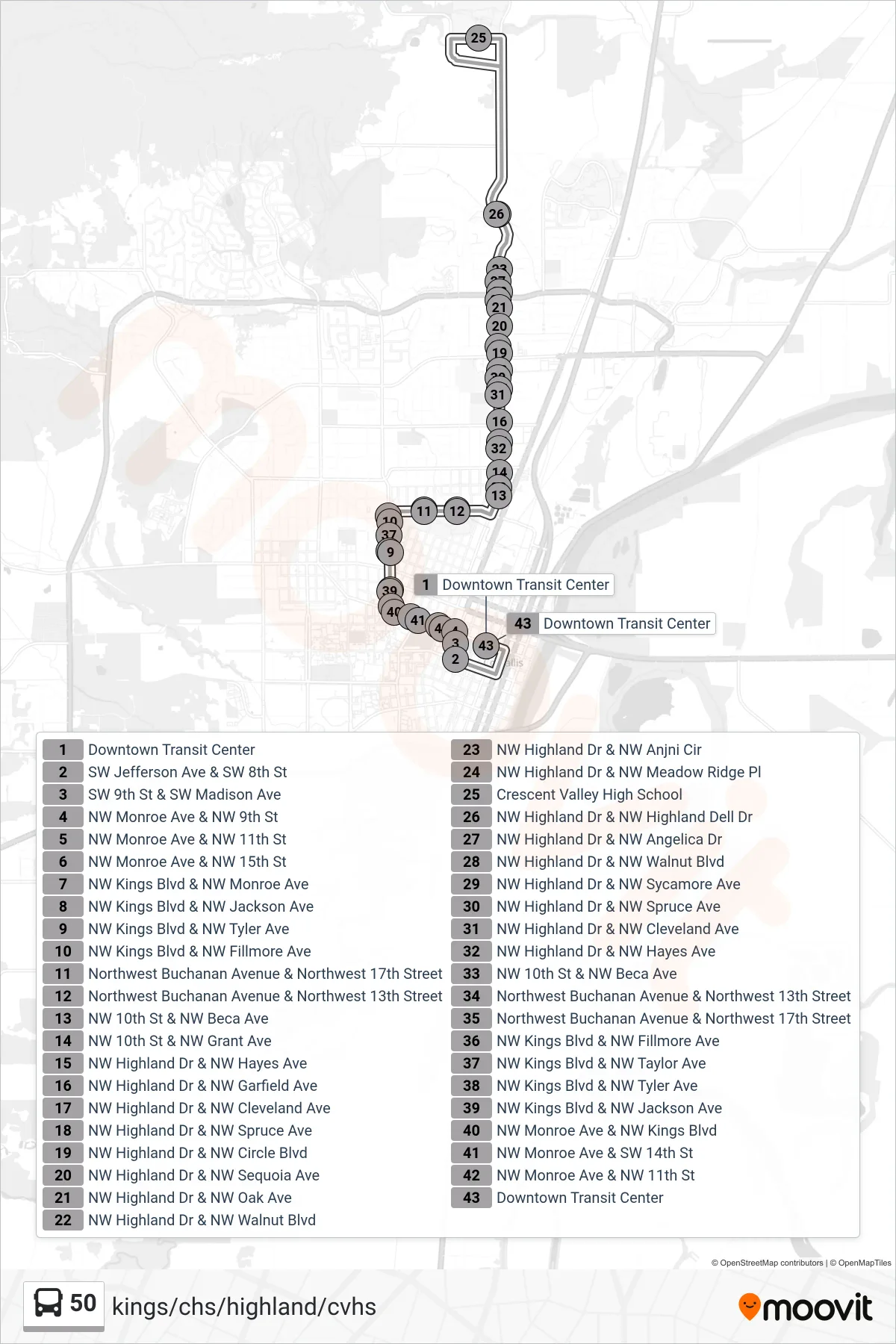 50 bus Line (Downtown Transit Center) route and stops on a map