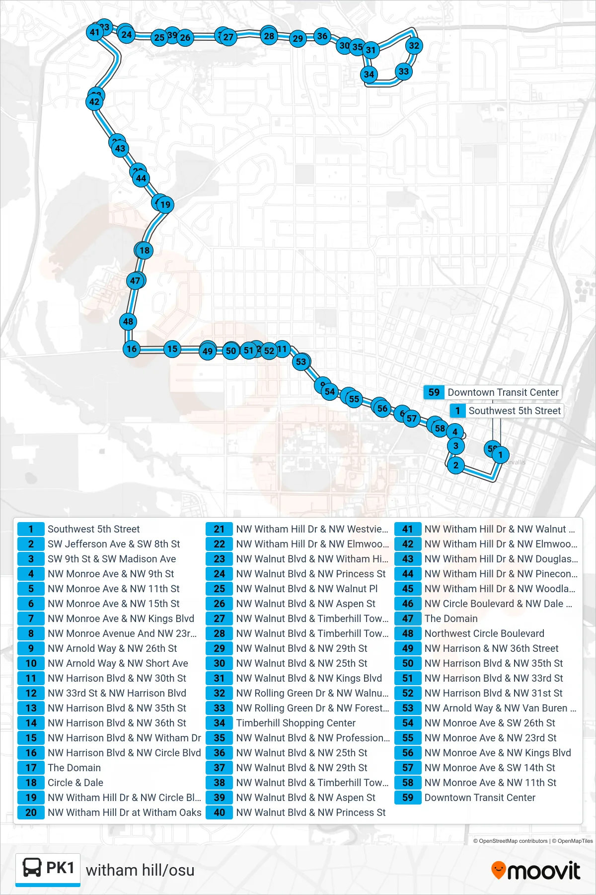 PK1 bus Line (Downtown Transit Center) route and stops on a map