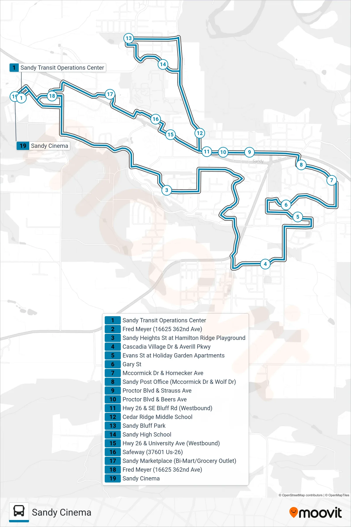 SAM SHOPPER SHUTTLE bus Line (Sandy Cinema) route and stops on a map