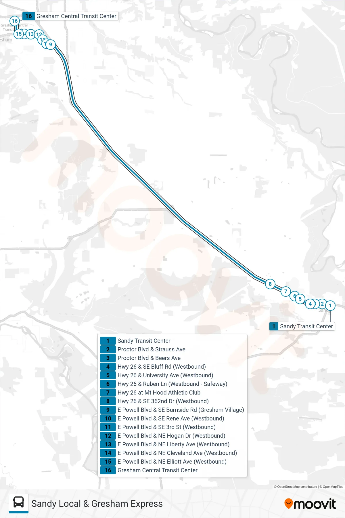SANDY LOCAL & GRESHAM EXPRESS bus Line (Gresham) route and stops on a map