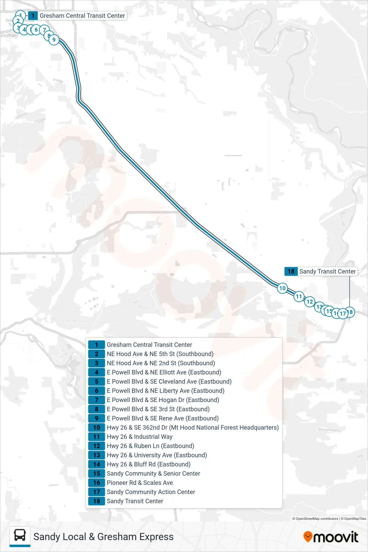 SANDY LOCAL & GRESHAM EXPRESS bus Line (Sandy) route and stops on a map