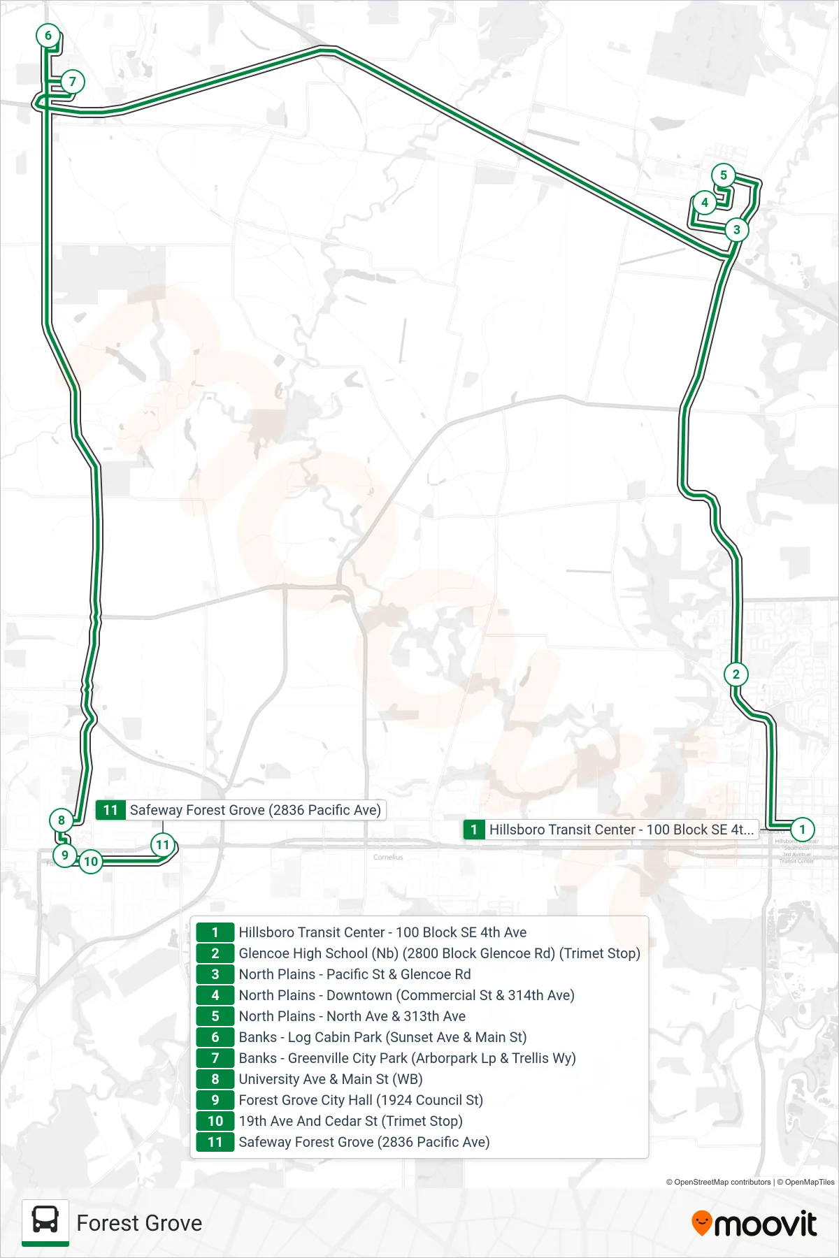 WESTLINK bus Line (Forest Grove) route and stops on a map