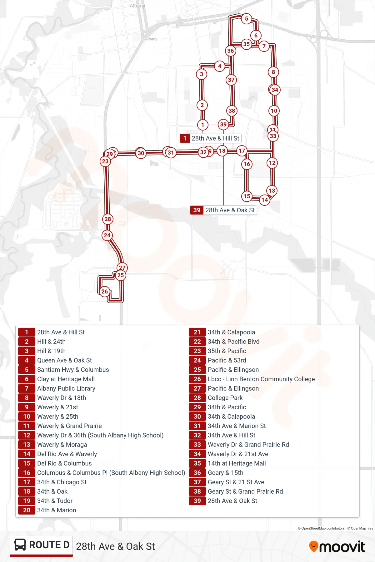 ROUTE D bus Line (28th Ave & Oak St) route and stops on a map