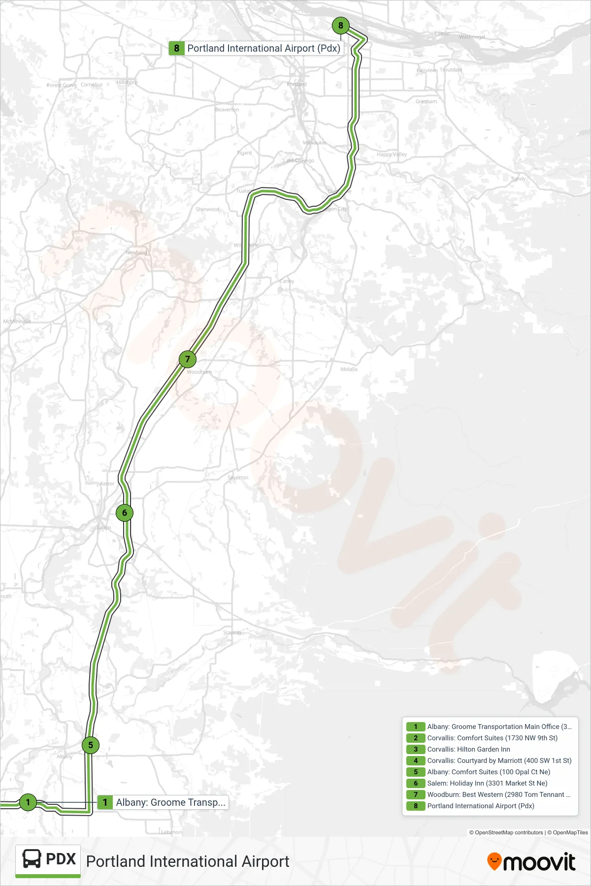 PDX bus Line (Portland International Airport (Pdx)) route and stops on a map