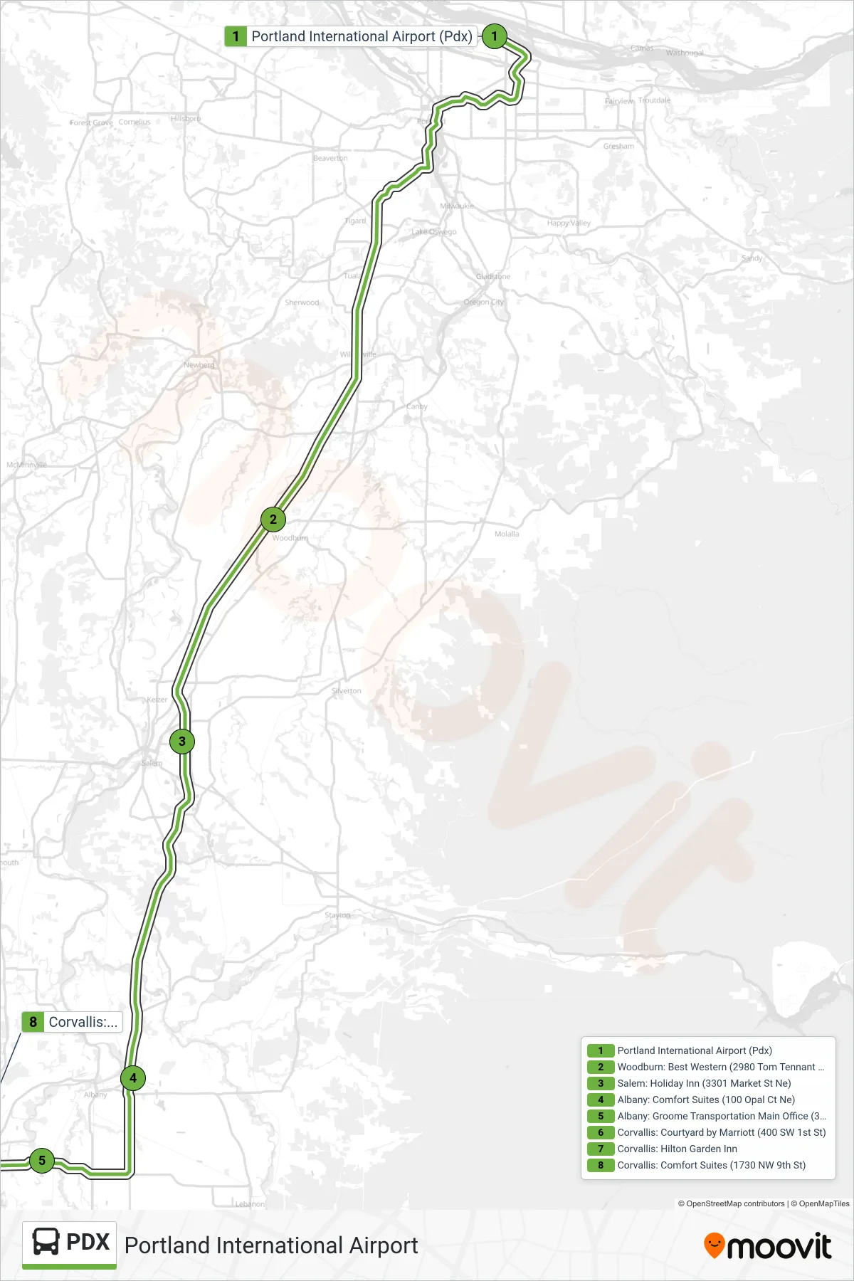 PDX bus Line (Corvallis) route and stops on a map