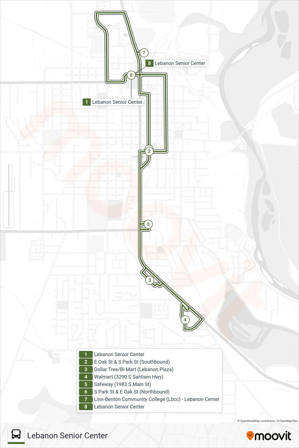 LINX LOOP bus Line (Lebanon Senior Center) route and stops on a map