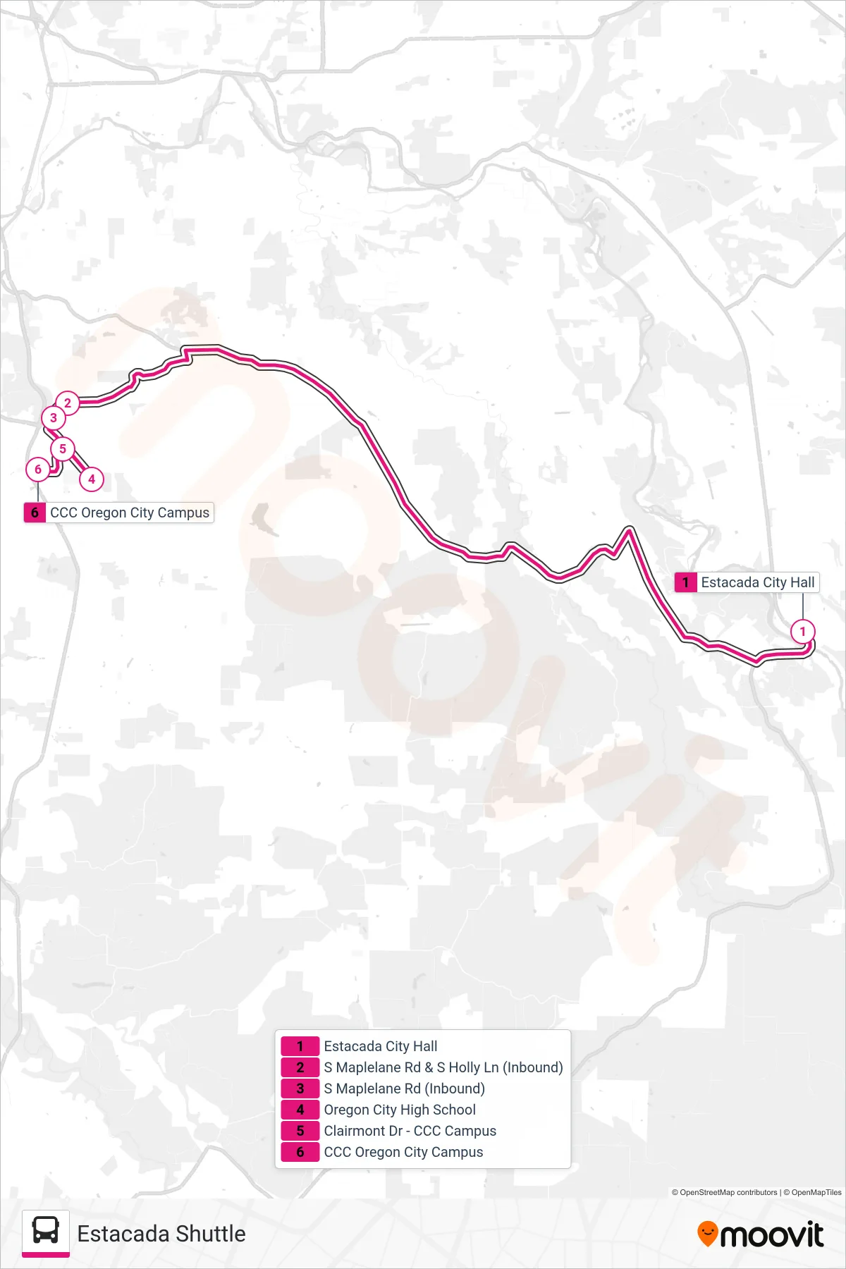 ESTACADA SHUTTLE bus Line (Clackamas Community College Oregon City) route and stops on a map