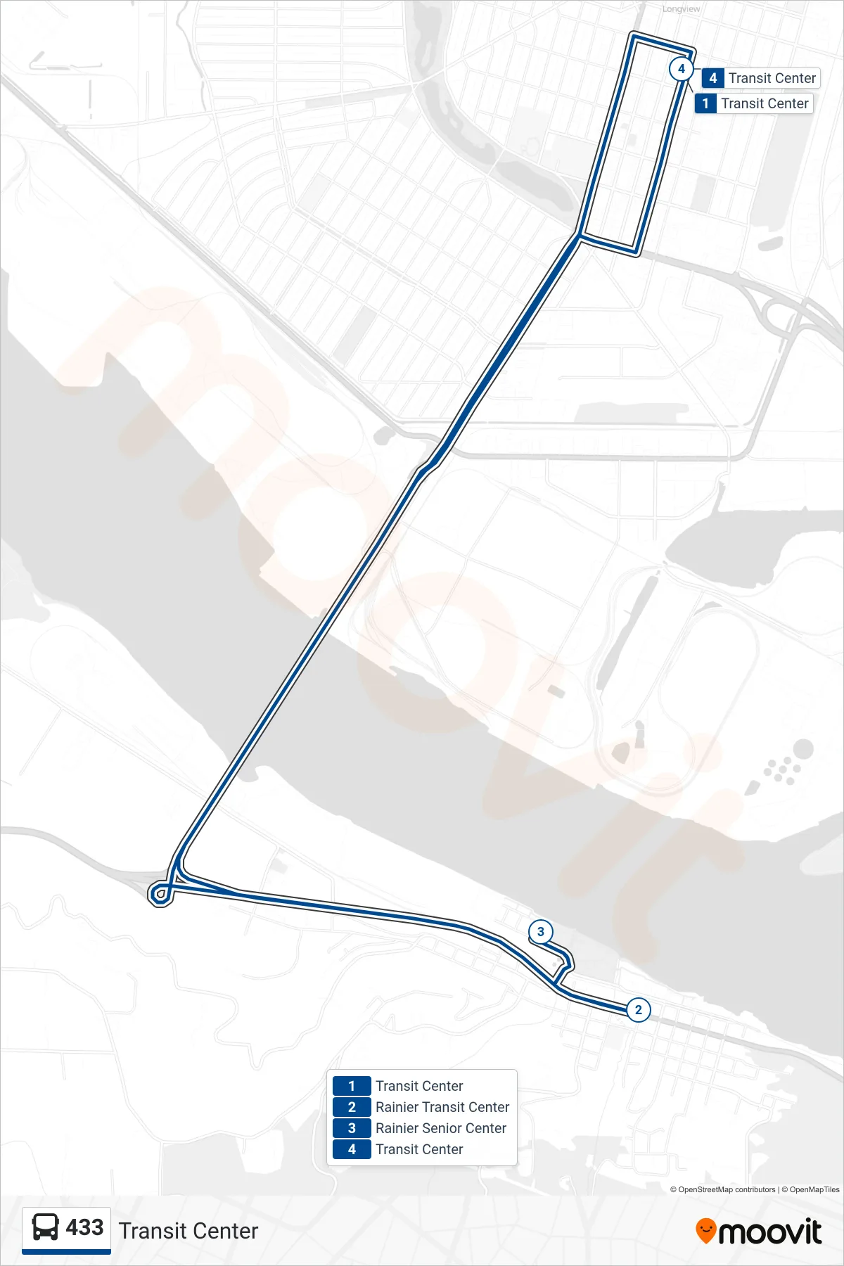 433 bus Line (Transit Center) route and stops on a map