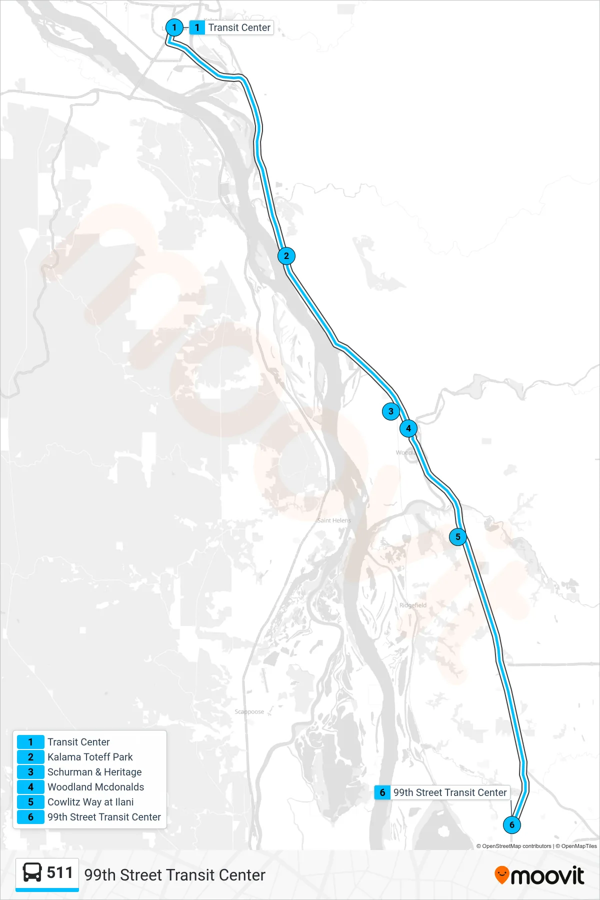 511 bus Line (99th Street Transit Center) route and stops on a map