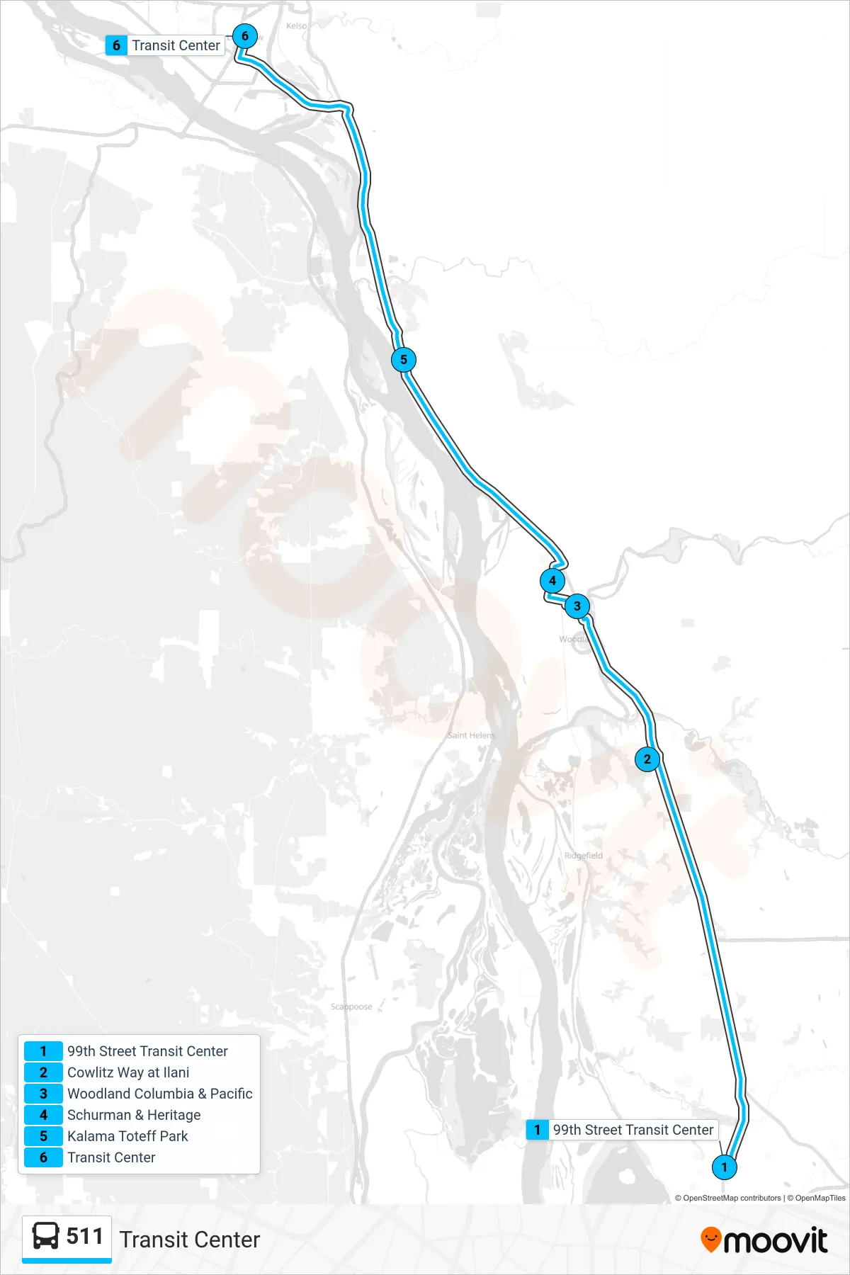 511 bus Line (Transit Center) route and stops on a map