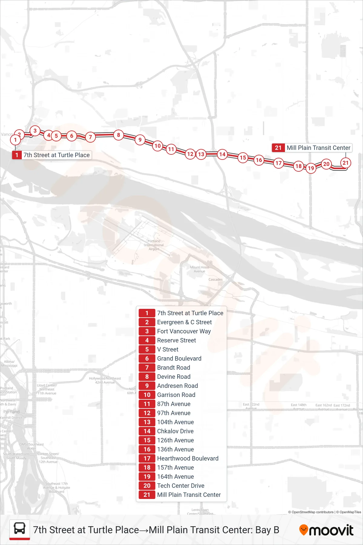 VINE-RED bus Line (7th Street at Turtle Place‎→Mill Plain Transit Center: Bay B) route and stops on a map
