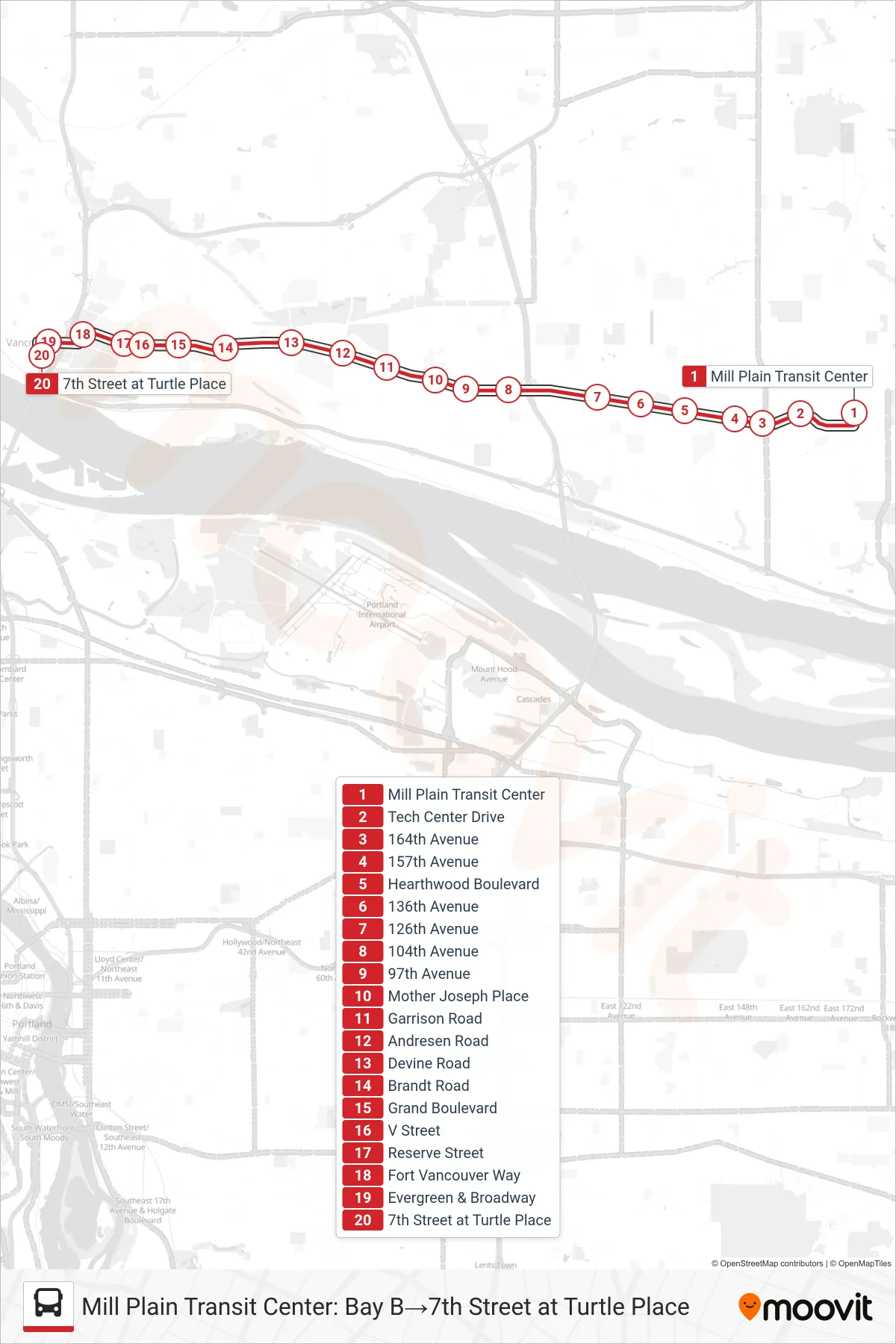 VINE-RED bus Line (Mill Plain Transit Center: Bay B‎→7th Street at Turtle Place) route and stops on a map