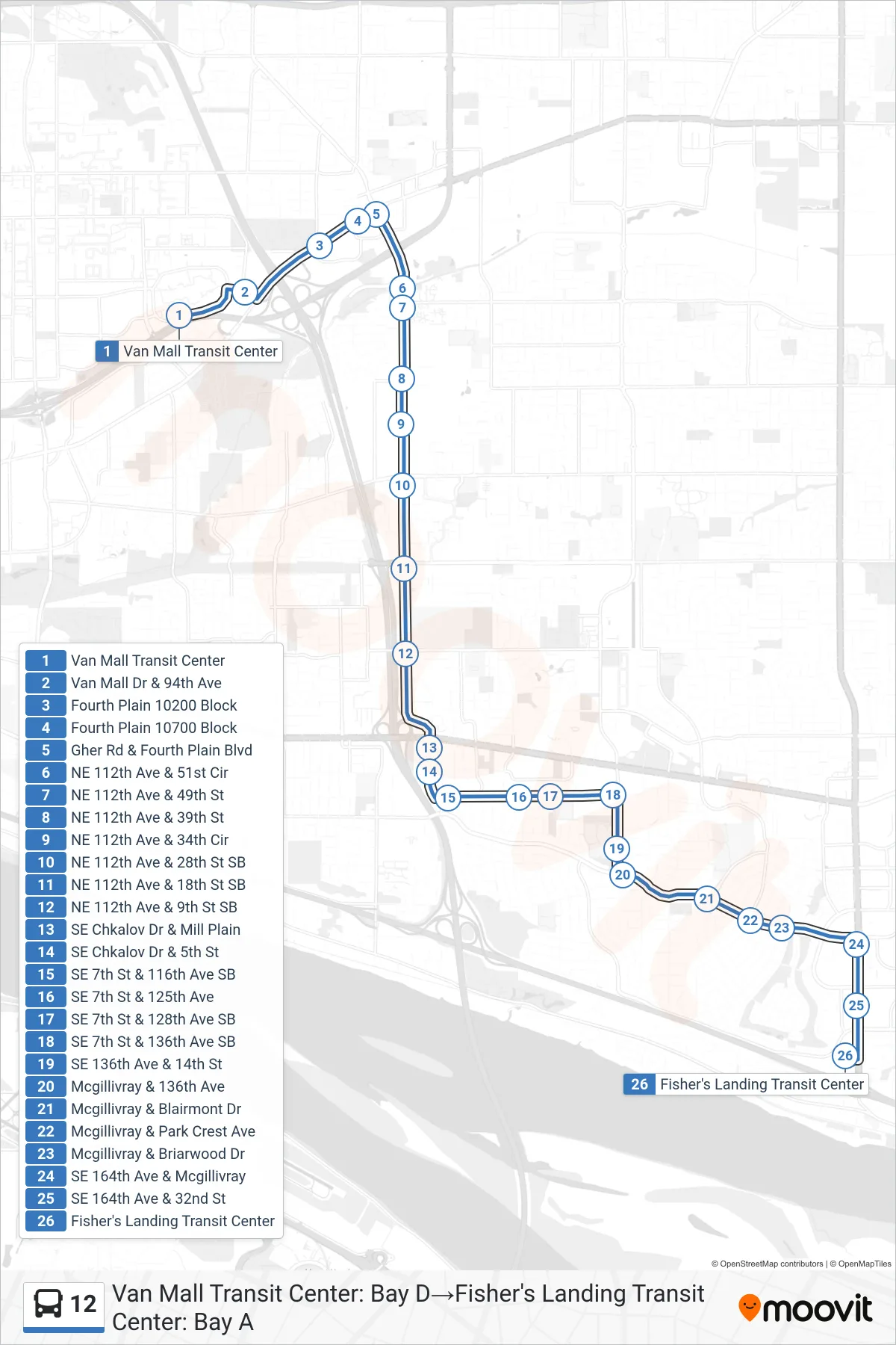 12 bus Line (Van Mall Transit Center: Bay D→Fisher's Landing Transit Center: Bay A) route and stops on a map