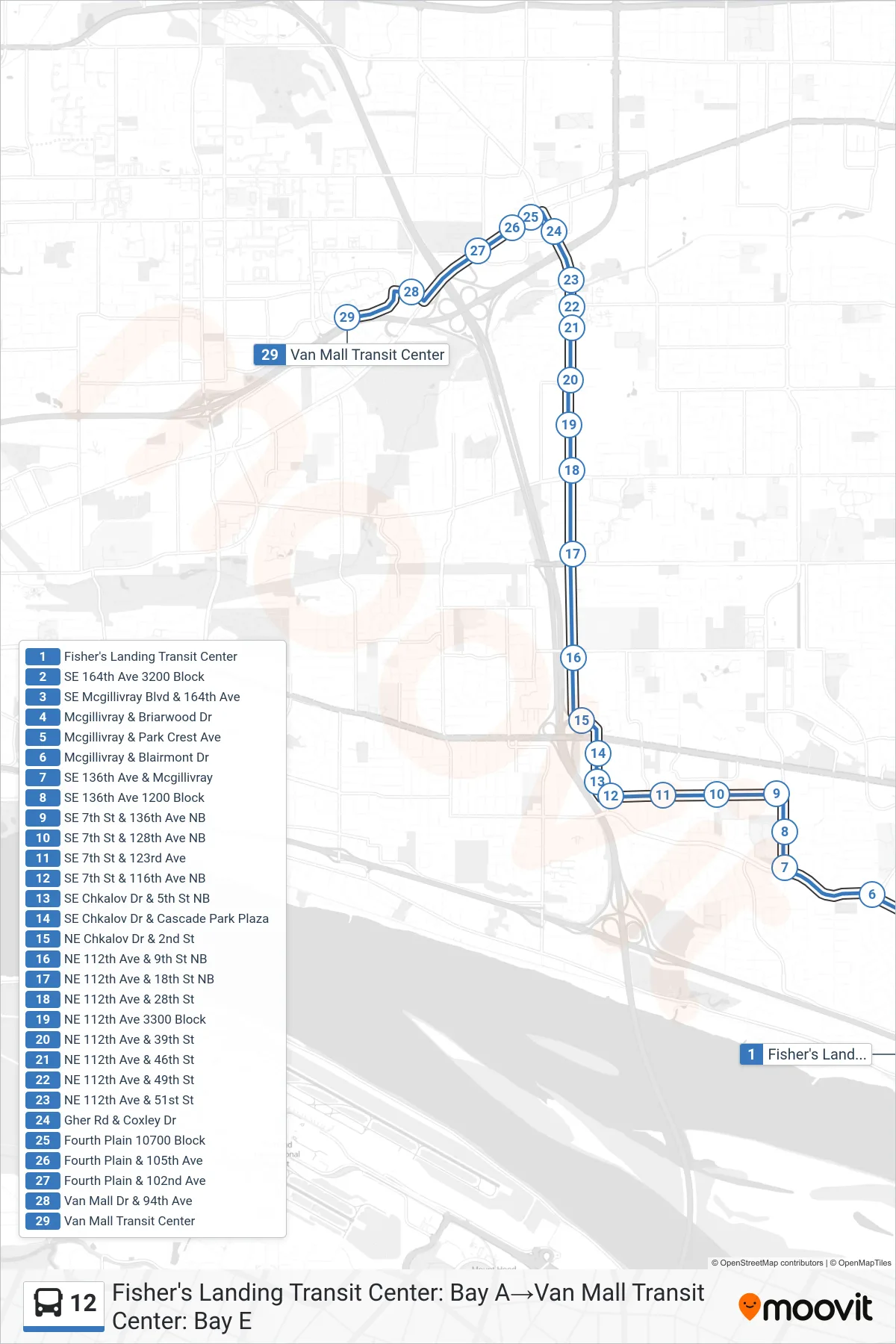 12 bus Line (Fisher's Landing Transit Center: Bay A→Van Mall Transit Center: Bay E) route and stops on a map