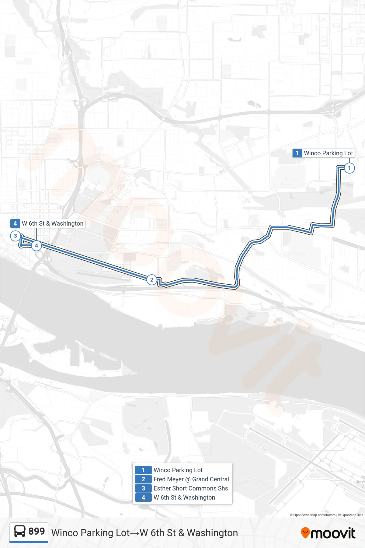 899 bus Line (Winco Parking Lot→W 6th St & Washington) route and stops on a map