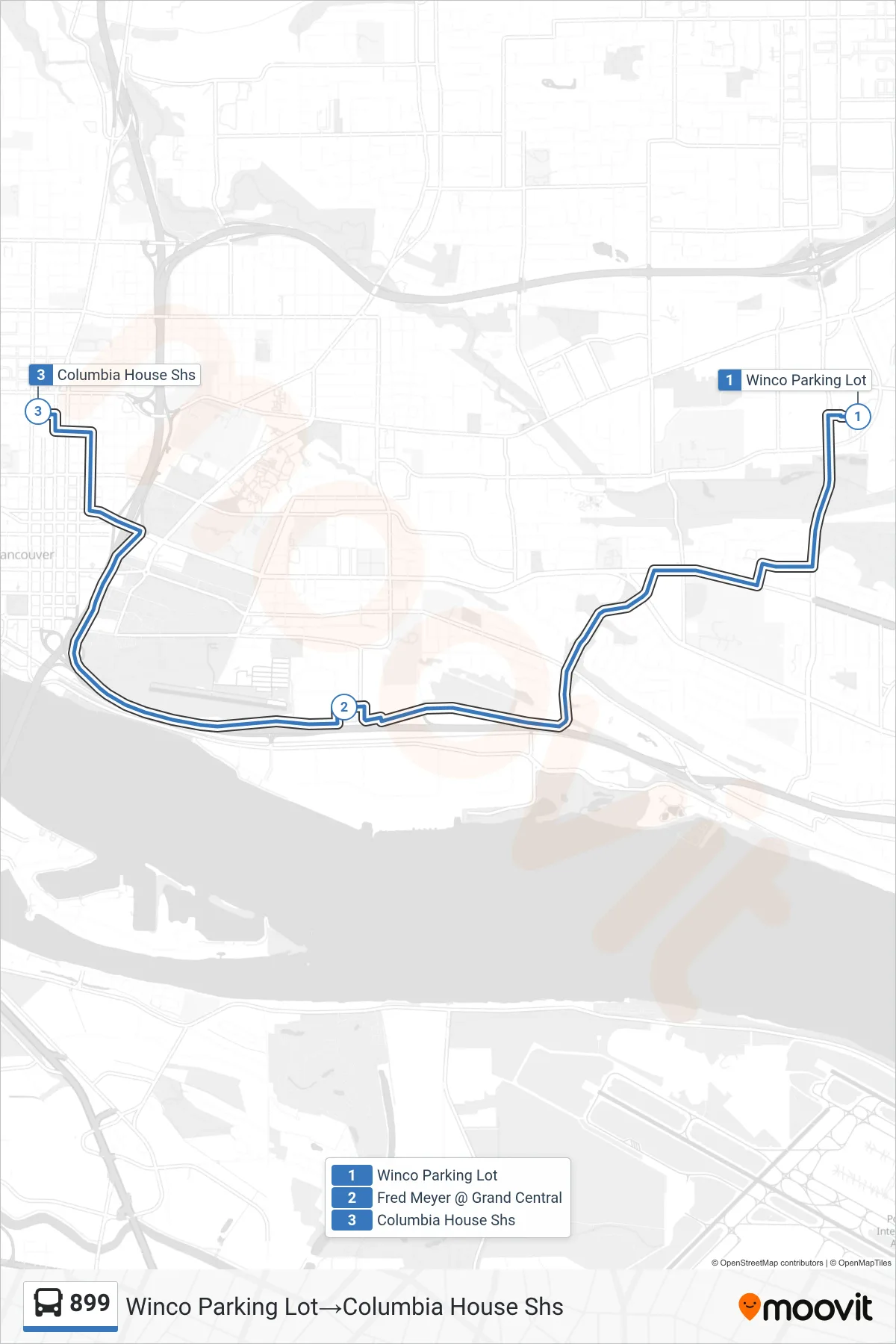 899 bus Line (Winco Parking Lot→Columbia House Shs) route and stops on a map